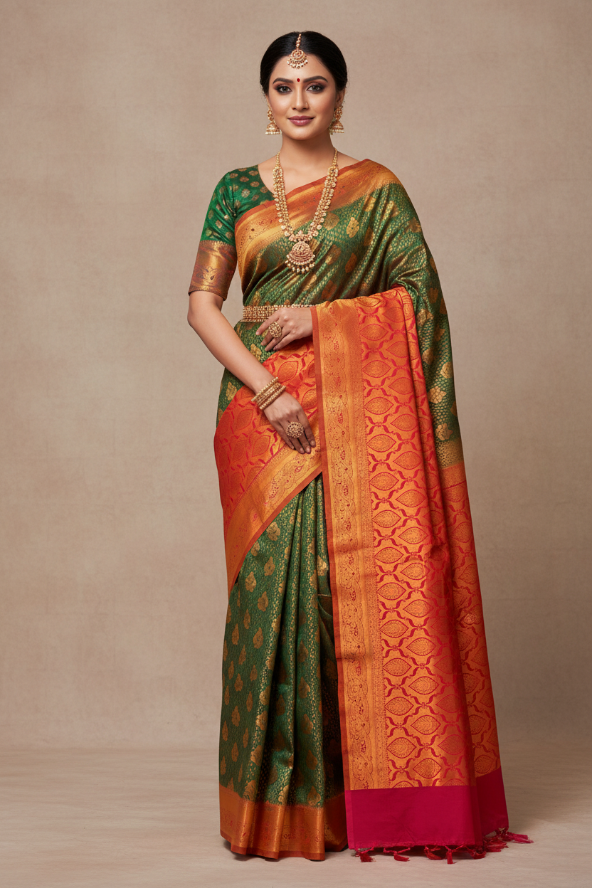 Vegan Silk Saree Green Colour with Magenta and Copper Border
