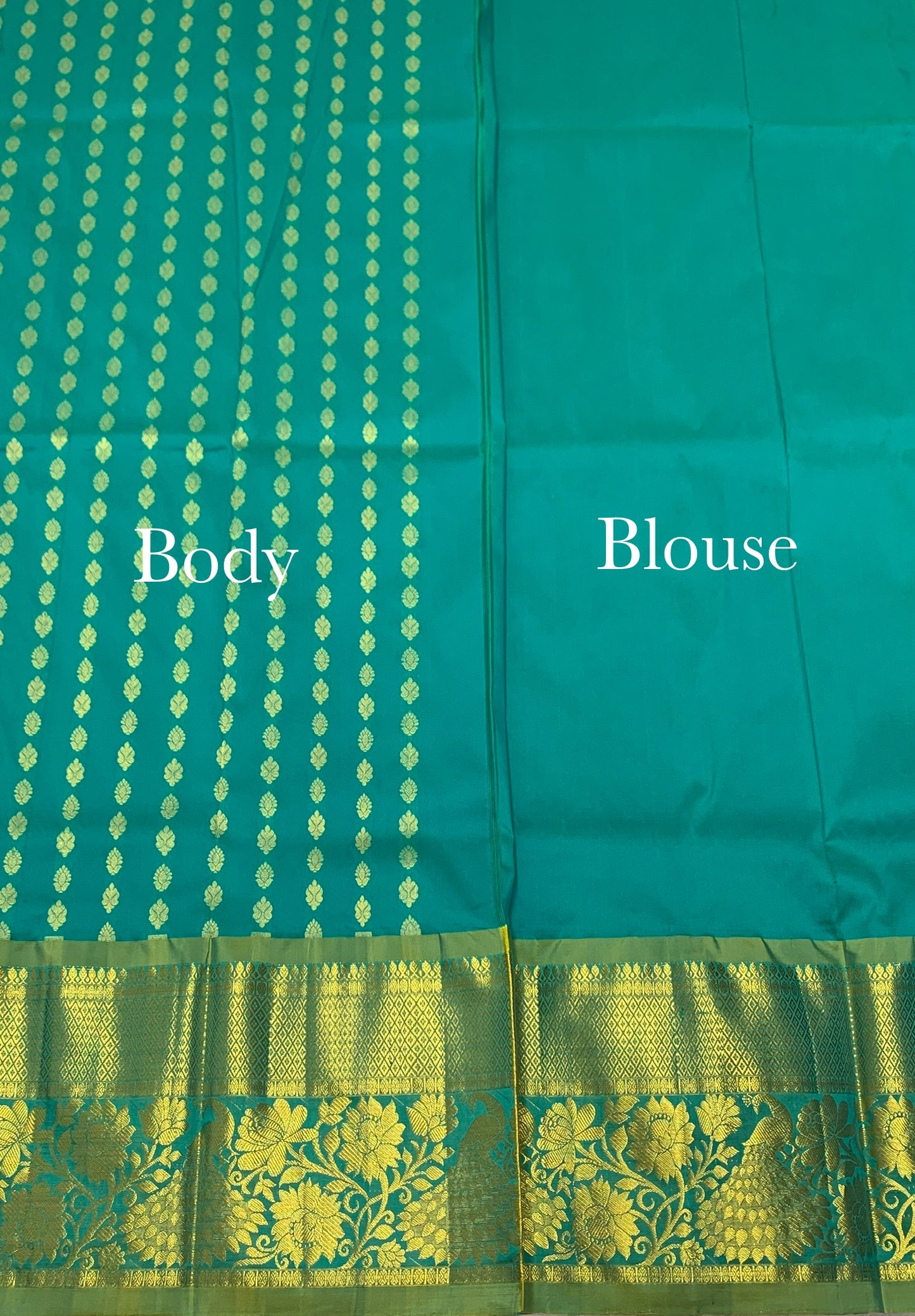 Rama Green shade Semi Silk Kids Pattu Pavadai with contrast border for age above 10 years