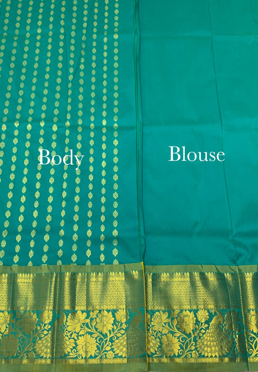 Rama Green shade Semi Silk Kids Pattu Pavadai with contrast border for age above 10 years