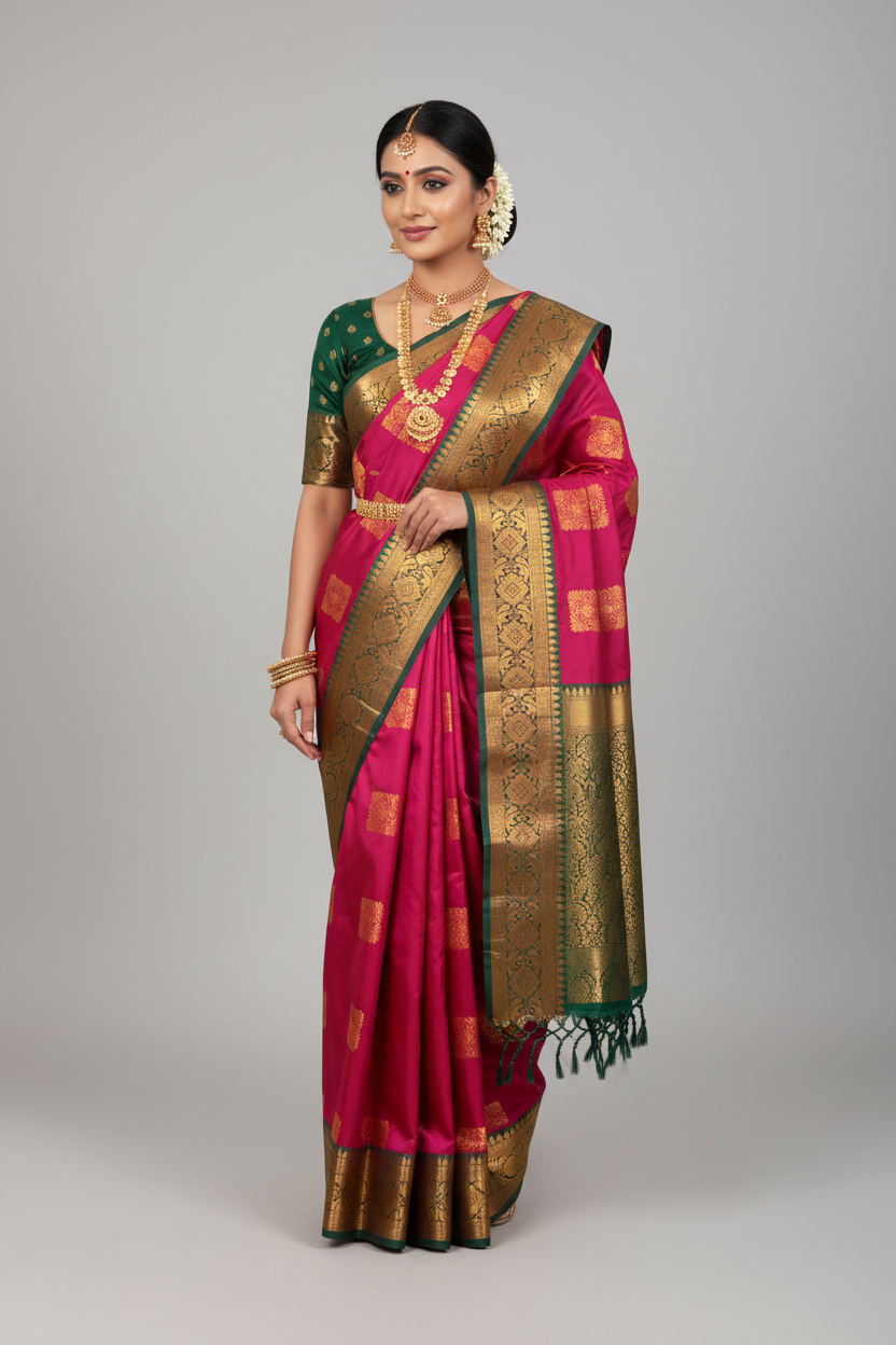 Soft Vegan Silk Saree Redish Pink Colour with Green and Copper Border