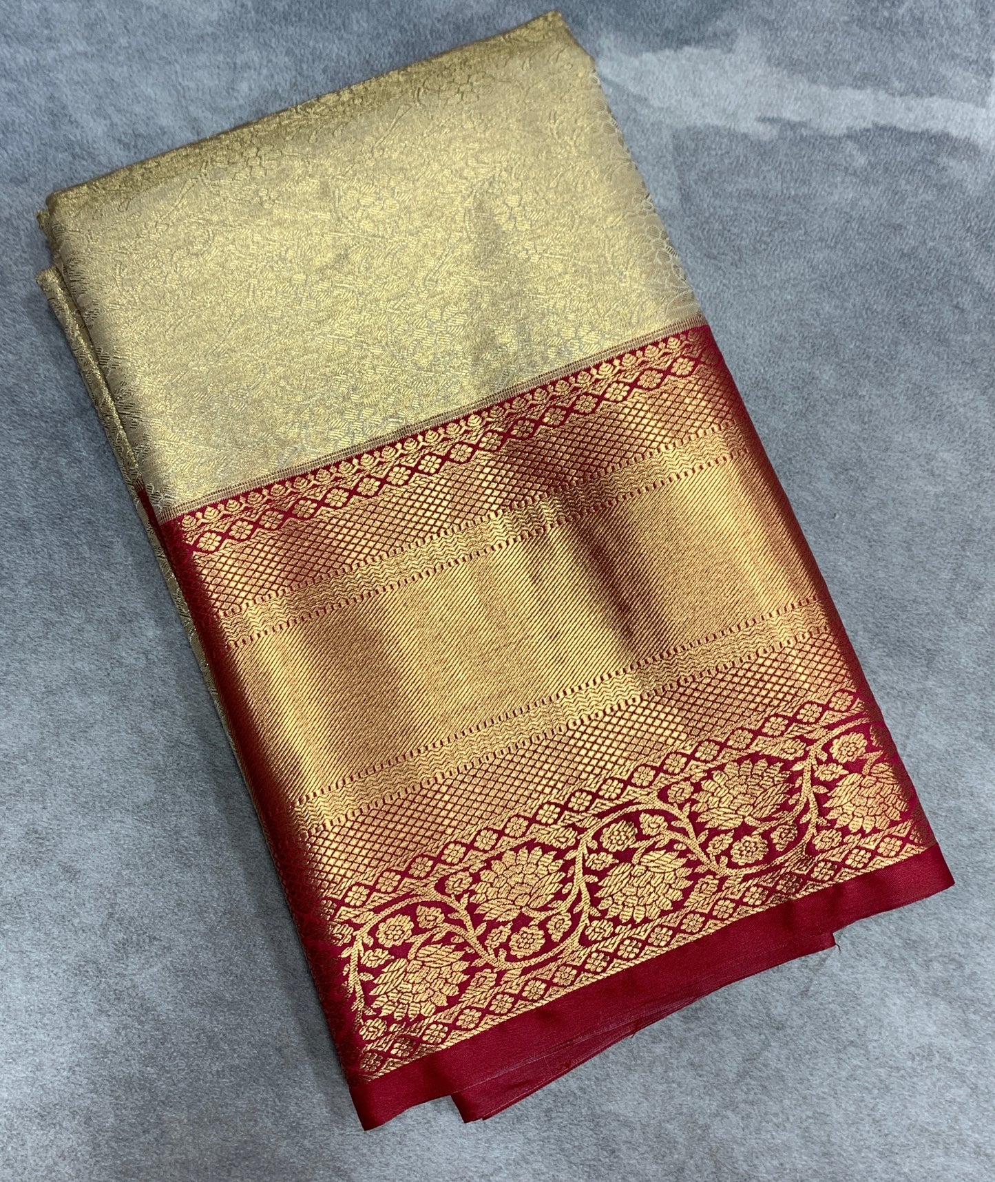 Fancy Tissue Saree Golden Colour with Red Colour Floral Design Border