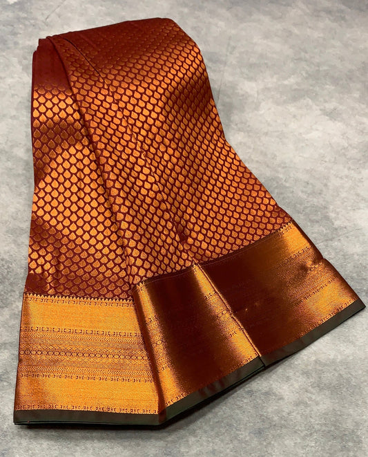 Vegan Silk Saree Brown Colour with Olive Green and Copper Border