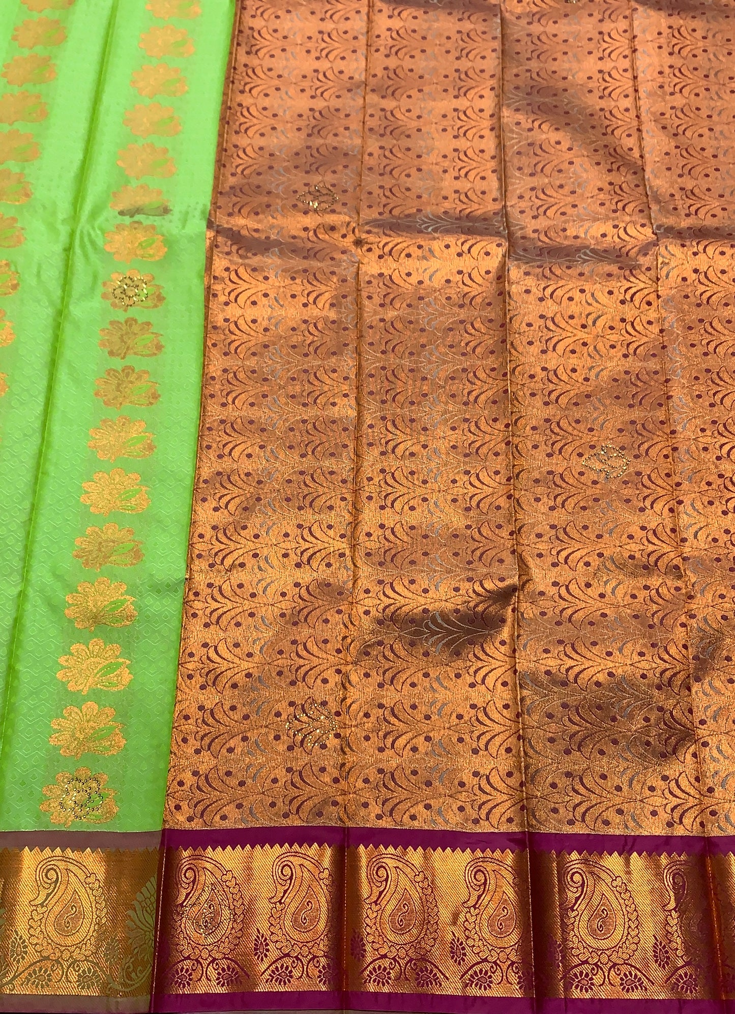 Vegan Silk Saree Light Green Colour with Copper and Brown Floral Design Border