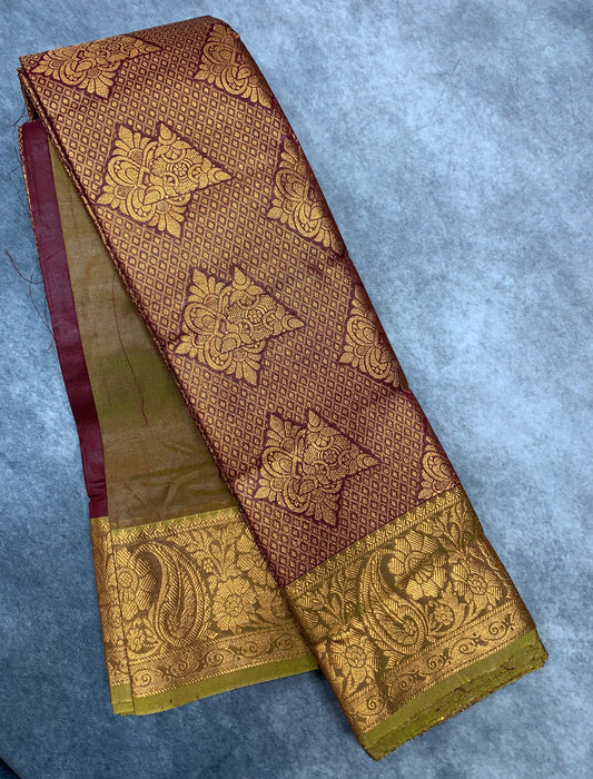 Vegan Silk Saree Maroon Colour with Copper and Olive Green Border