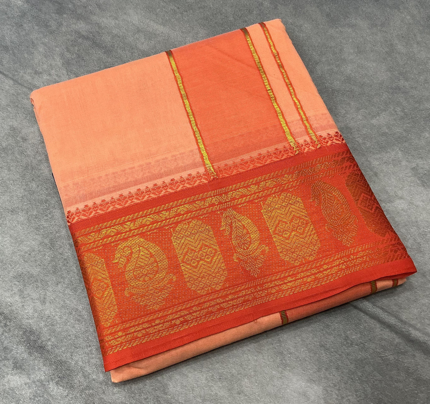 9X5 Cotton Dhoti Peach Colour with Orange and Blue Border