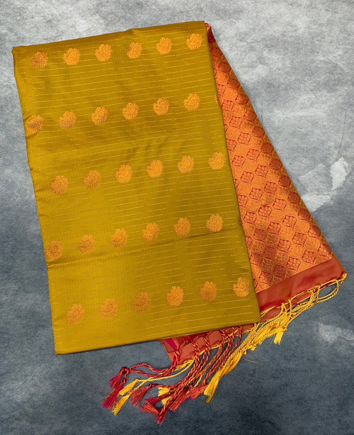 Soft Vegan Silk Saree Mustard Colour with Light Peach and Copper Border