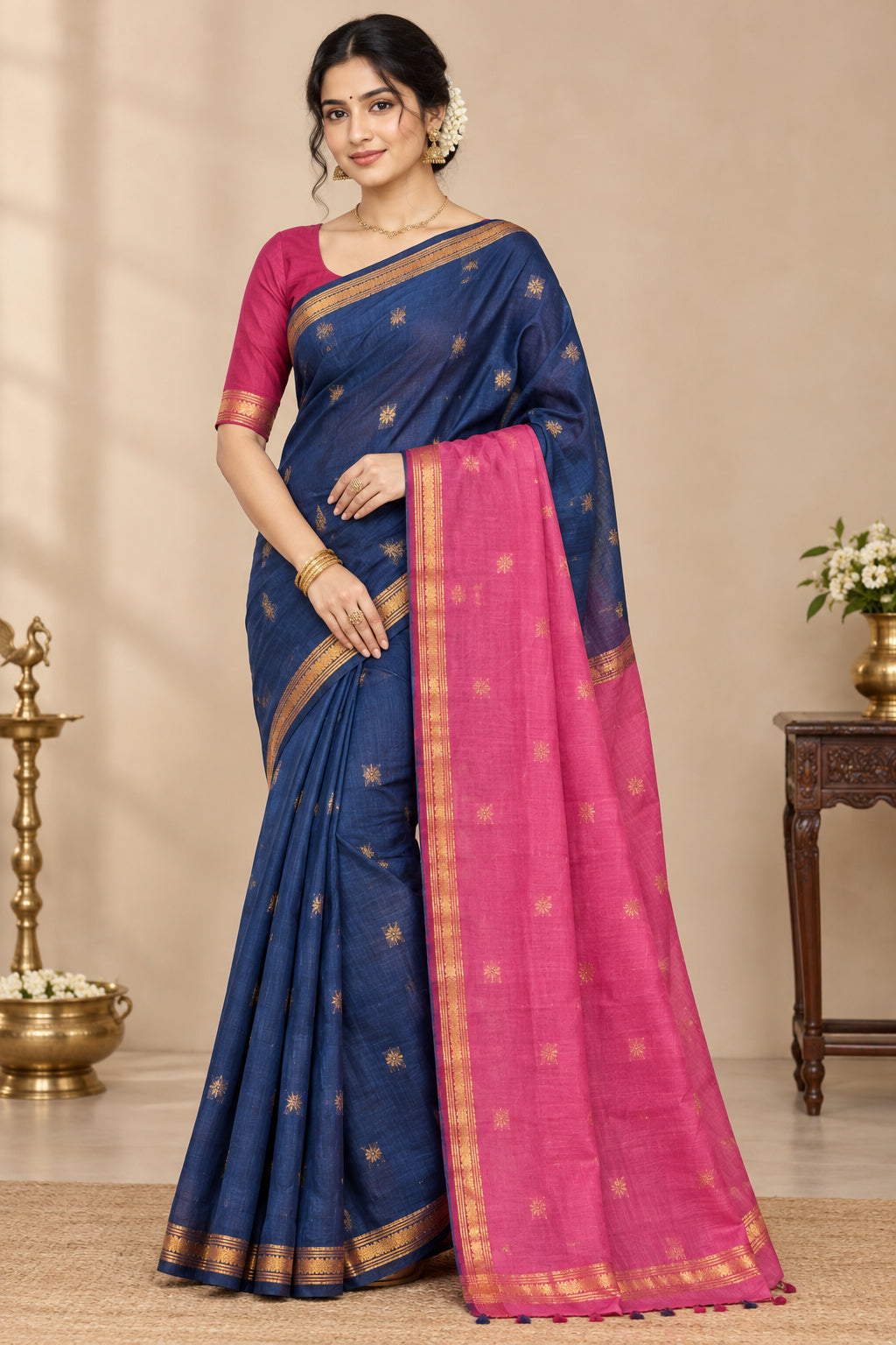 Navy Blue Colour Silk Cotton Saree with Copper Zari Border