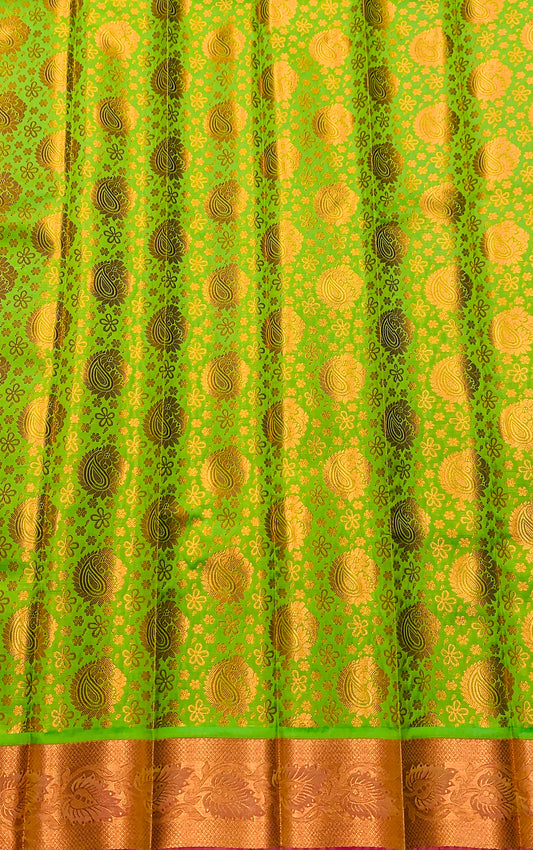 Vegan Silk Saree Apple Green Colour with Copper and Pink Border