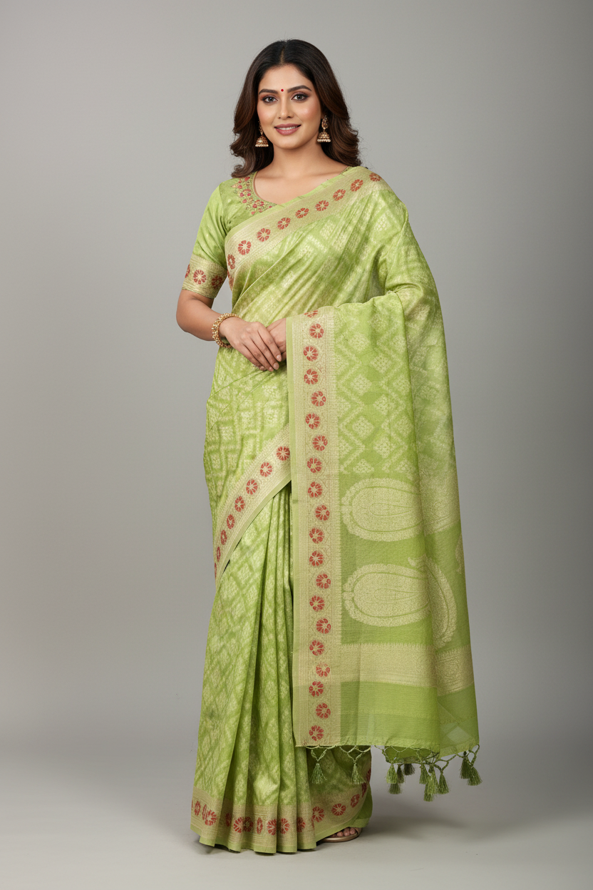 Chettinad Cotton Saree Lime Green Colour with Red Floral Motifs Sliver Zari Base Border