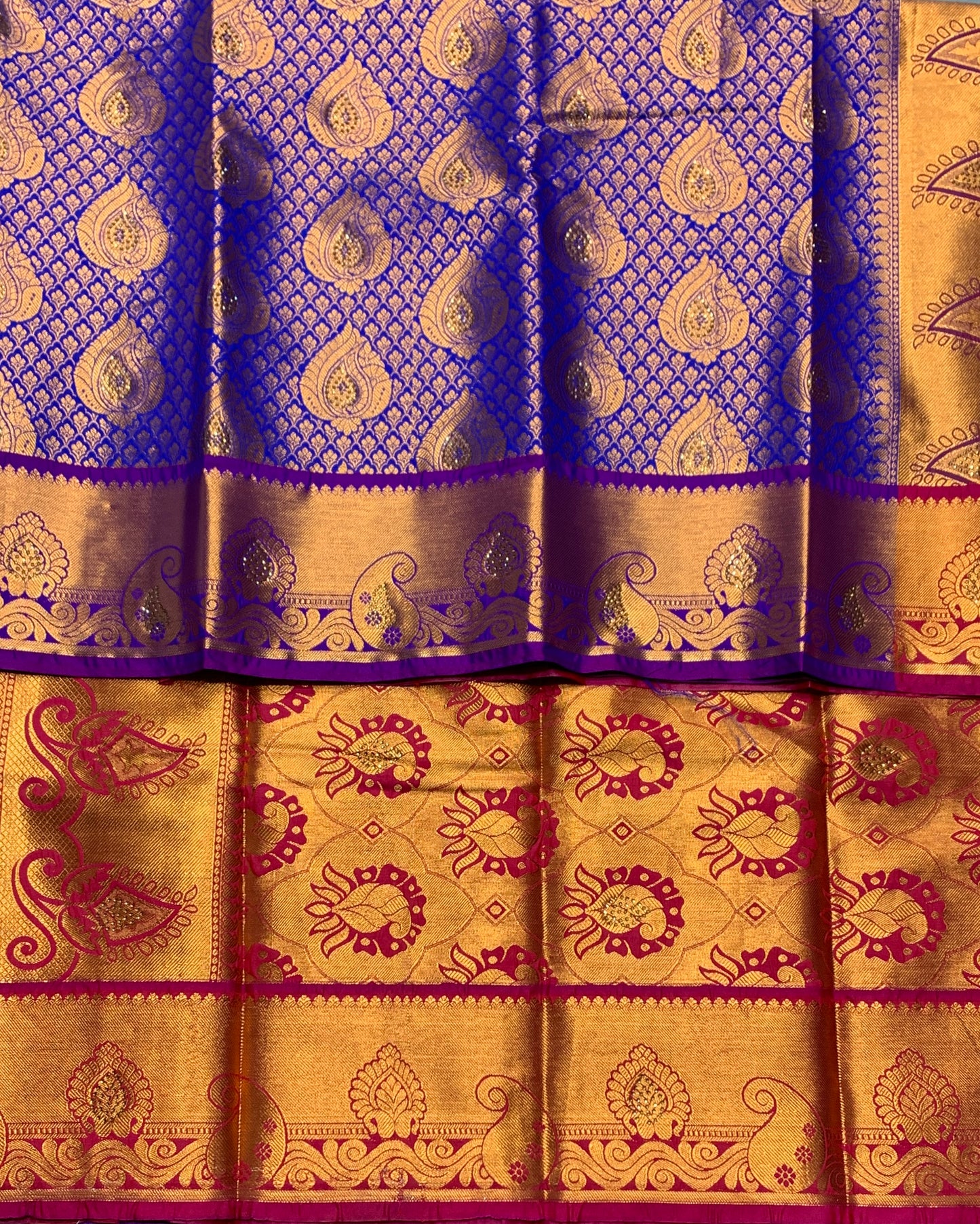 Vegan Silk Saree Blue Colour with Copper and Magenta