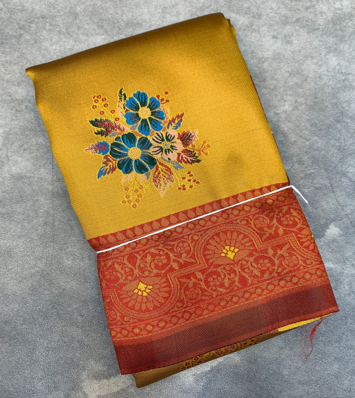 Fancy Tissue Saree Mustard Colour with Maroon Border