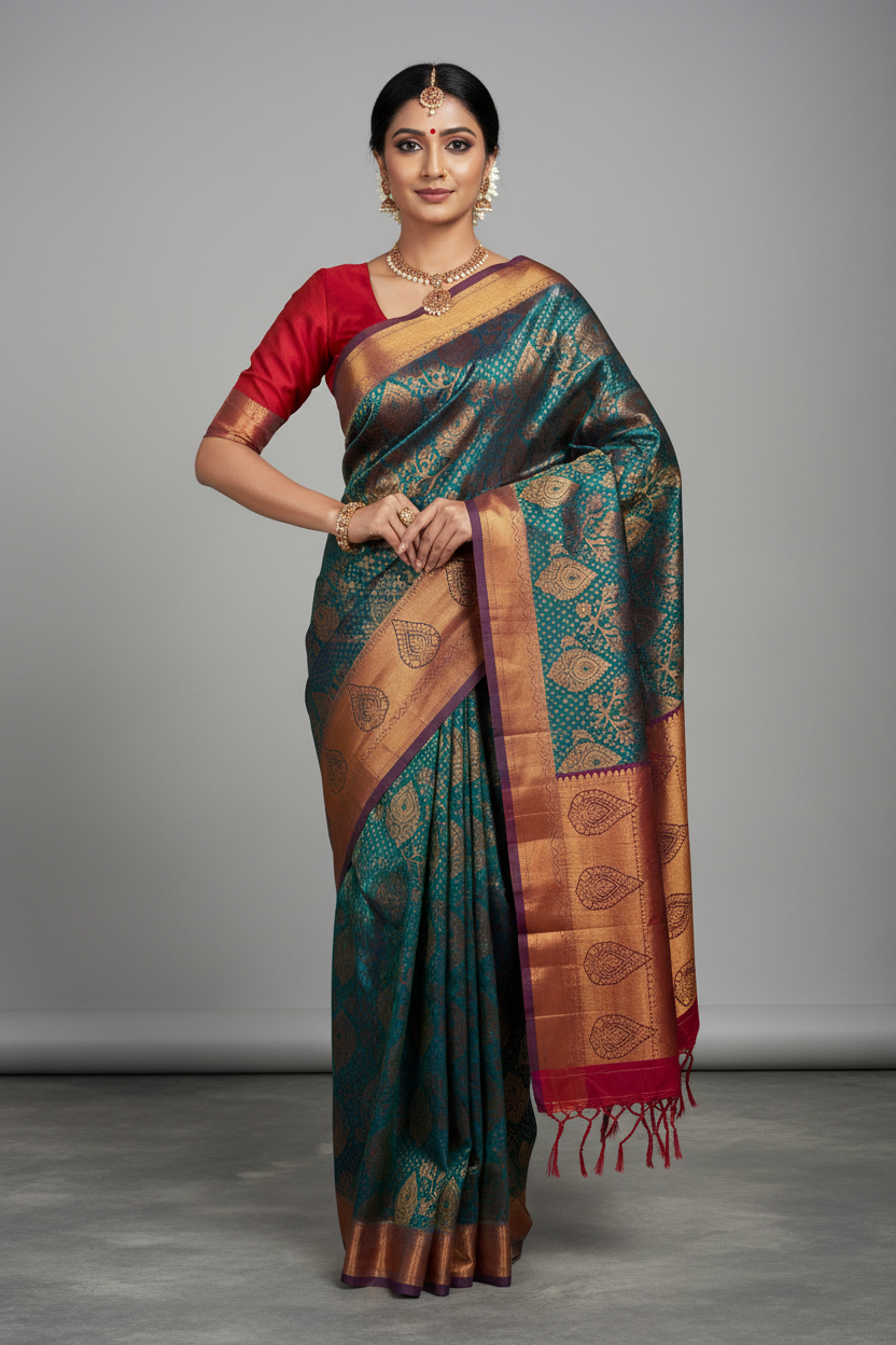 Vegan Silk Saree Peacock Green Colour with Pink and Copper Border
