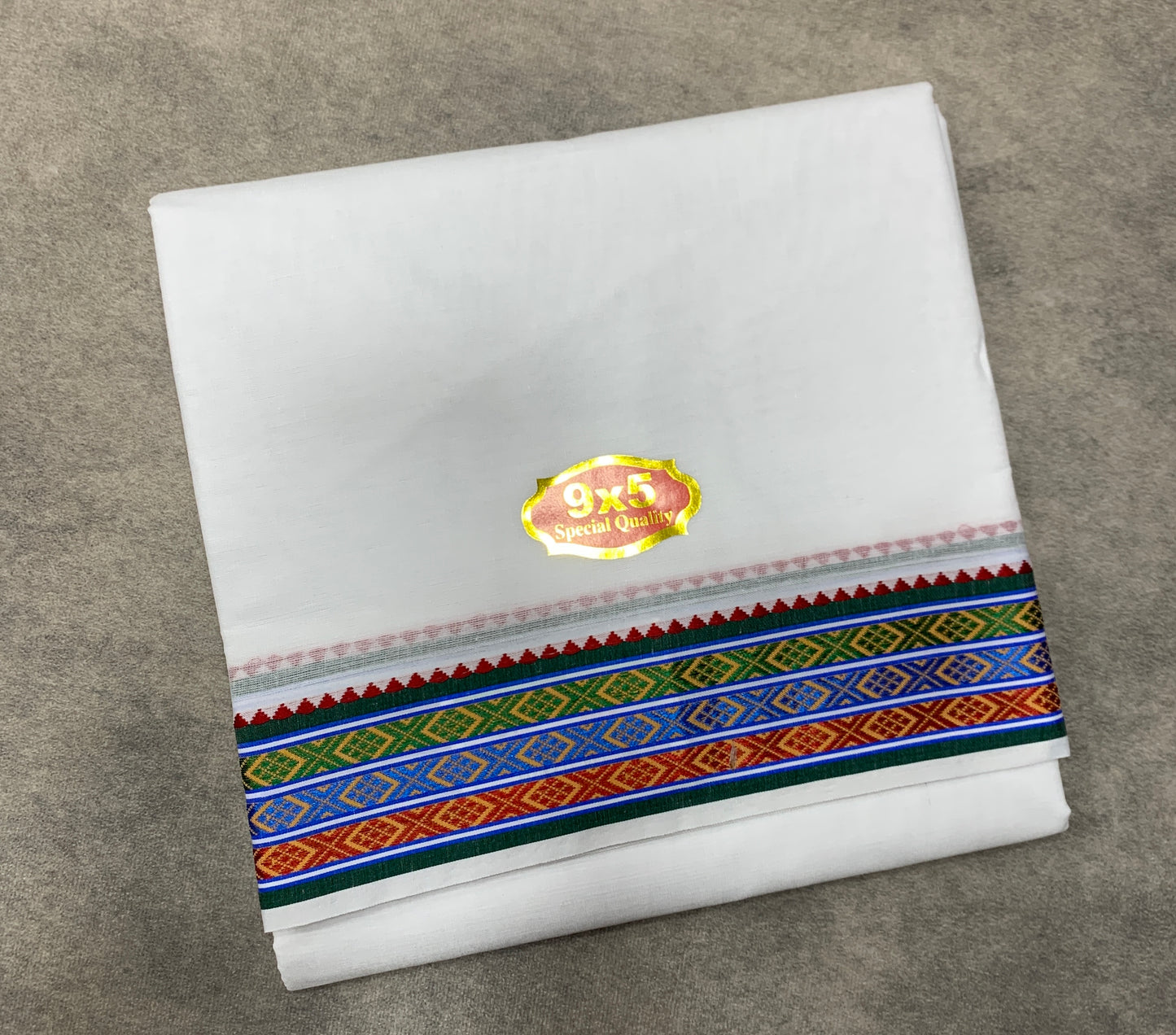 9X5 Cotton Dhoti White Colour with Blue and Green, Red Border with Angavastarm
