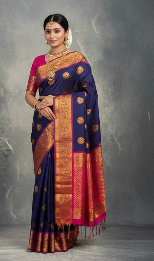 Soft Vegan Silk Saree Blue Colour with Pink and Copper Border