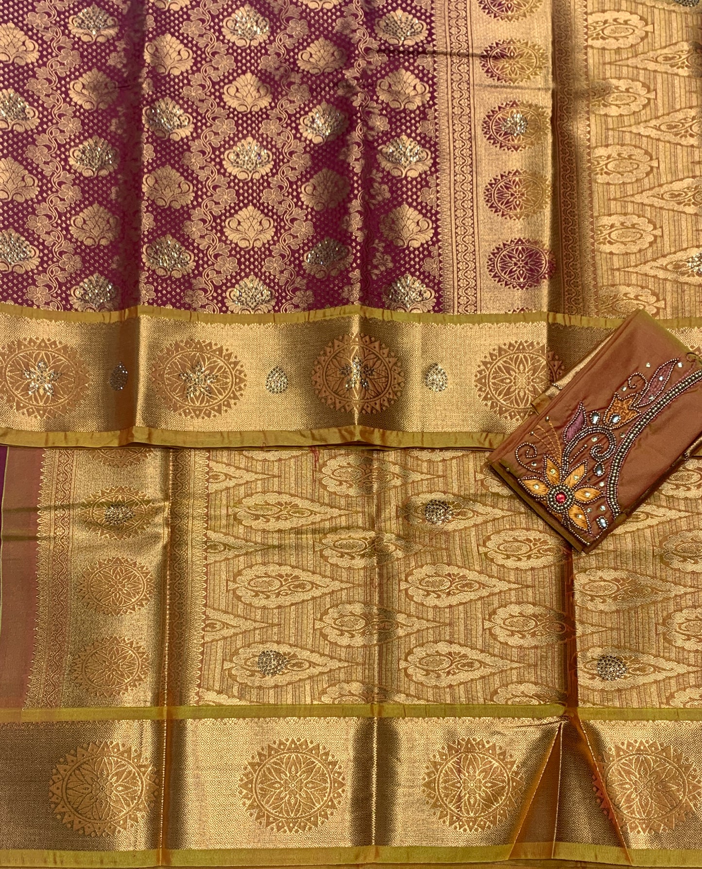 Bridal Vegan Silk Saree Maroon shade with Golden Yellow Border with Unstitched blouse in Aari Work