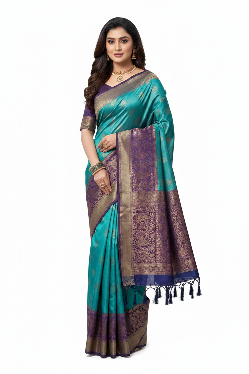 Soft Silk Saree Sky Blue Colour with Navy Blue Pallu