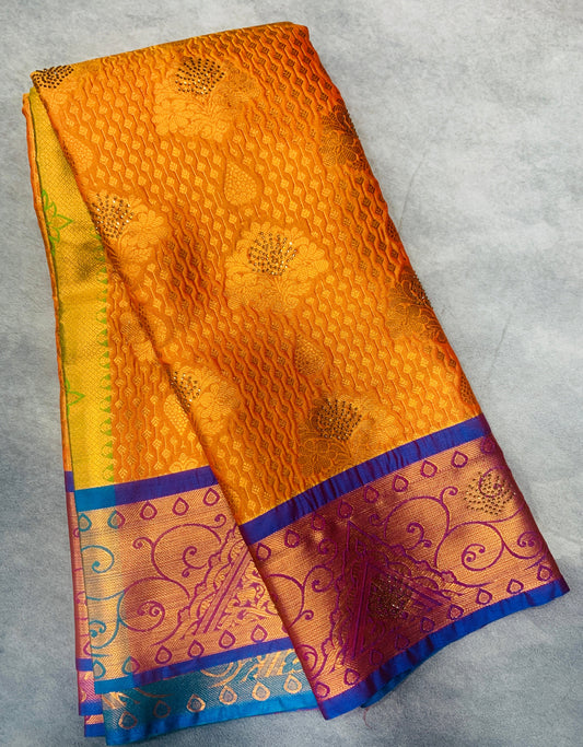 Vegan Silk Saree Mustard Colour with Copper and Blue Border
