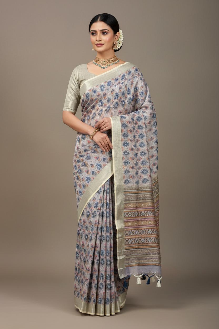 Jute Cotton Saree Light Off White Shade with Thread Border