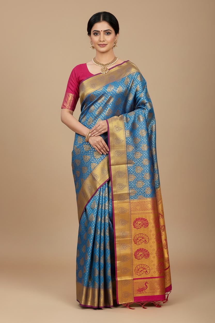Vegan Silk Saree Sky Blue Colour with Copper and Magenta Border