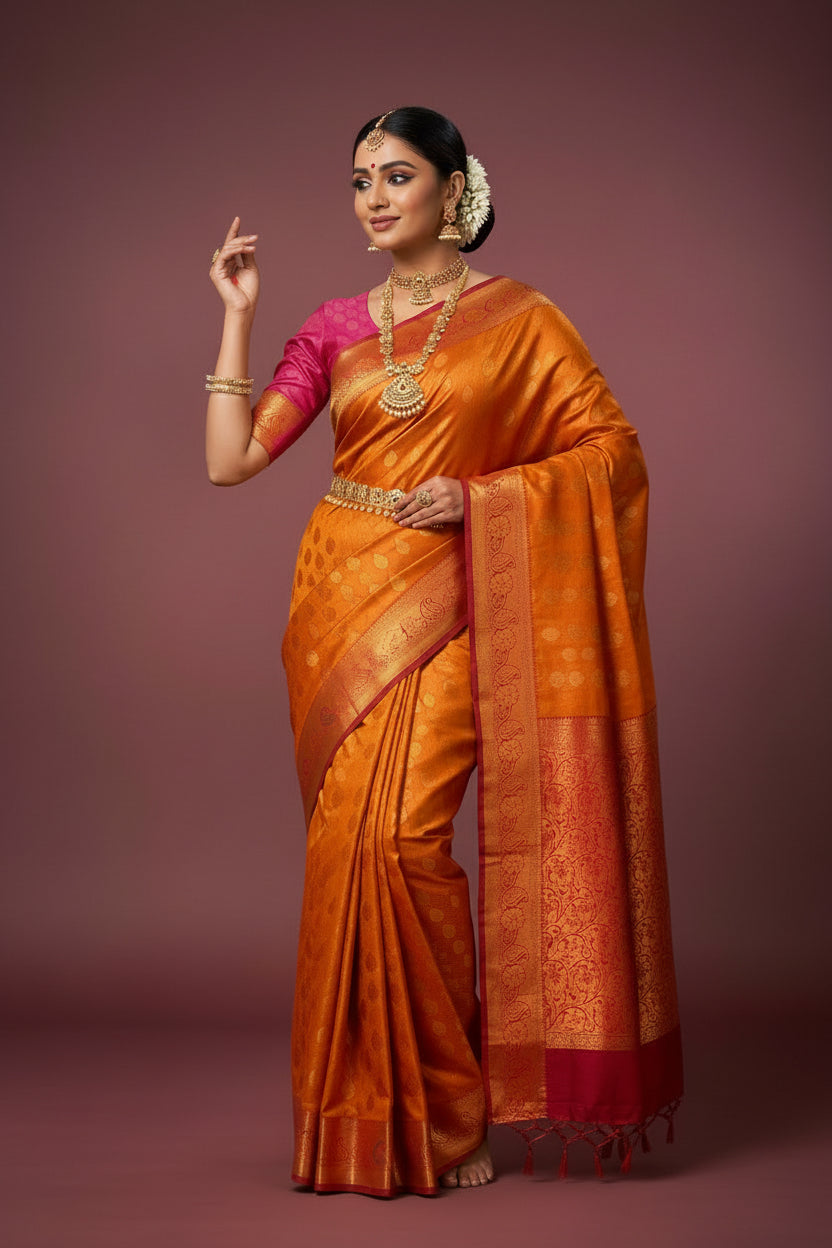 Vegan Silk Saree Golden Yellow Colour with Pink and Copper Border