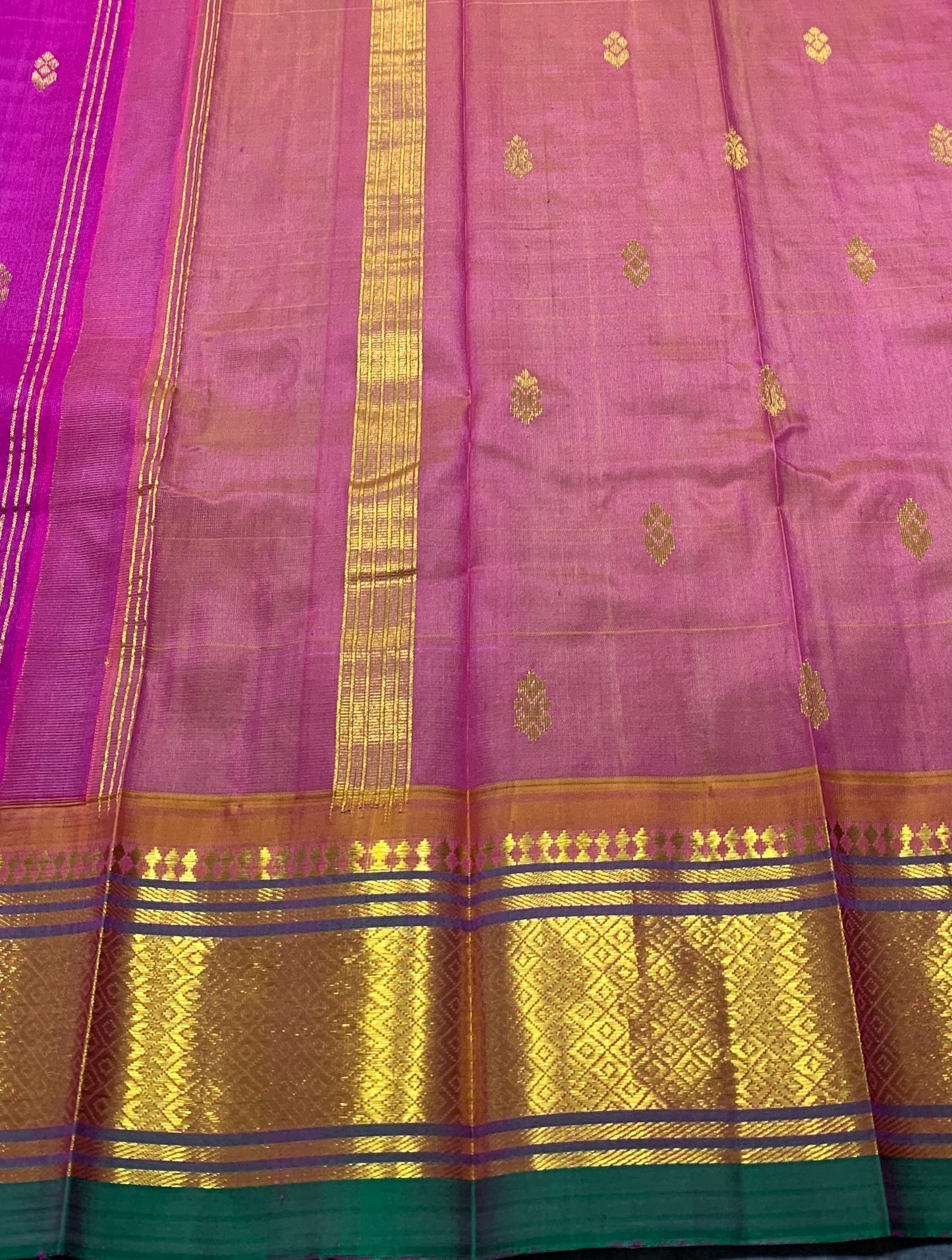 Pure Kanchipuram Silk Saree Pink Colour with Green and Gold Zari Border