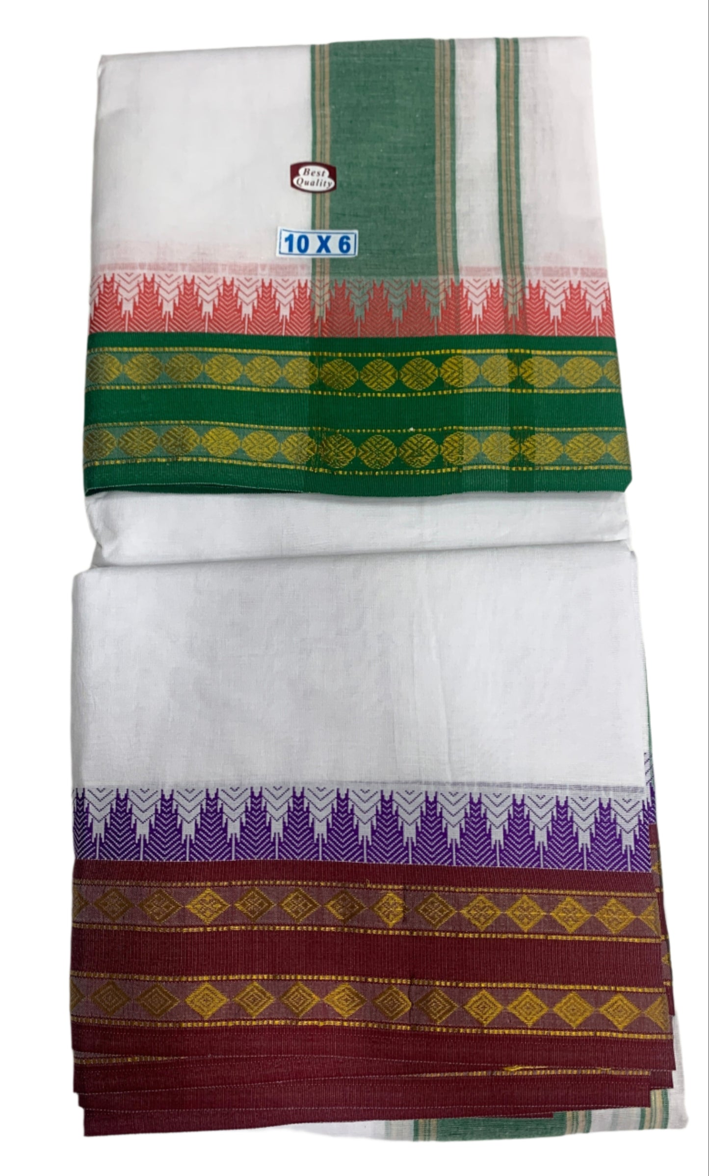 10X6 Cotton Dhoti White Colour with Green Border