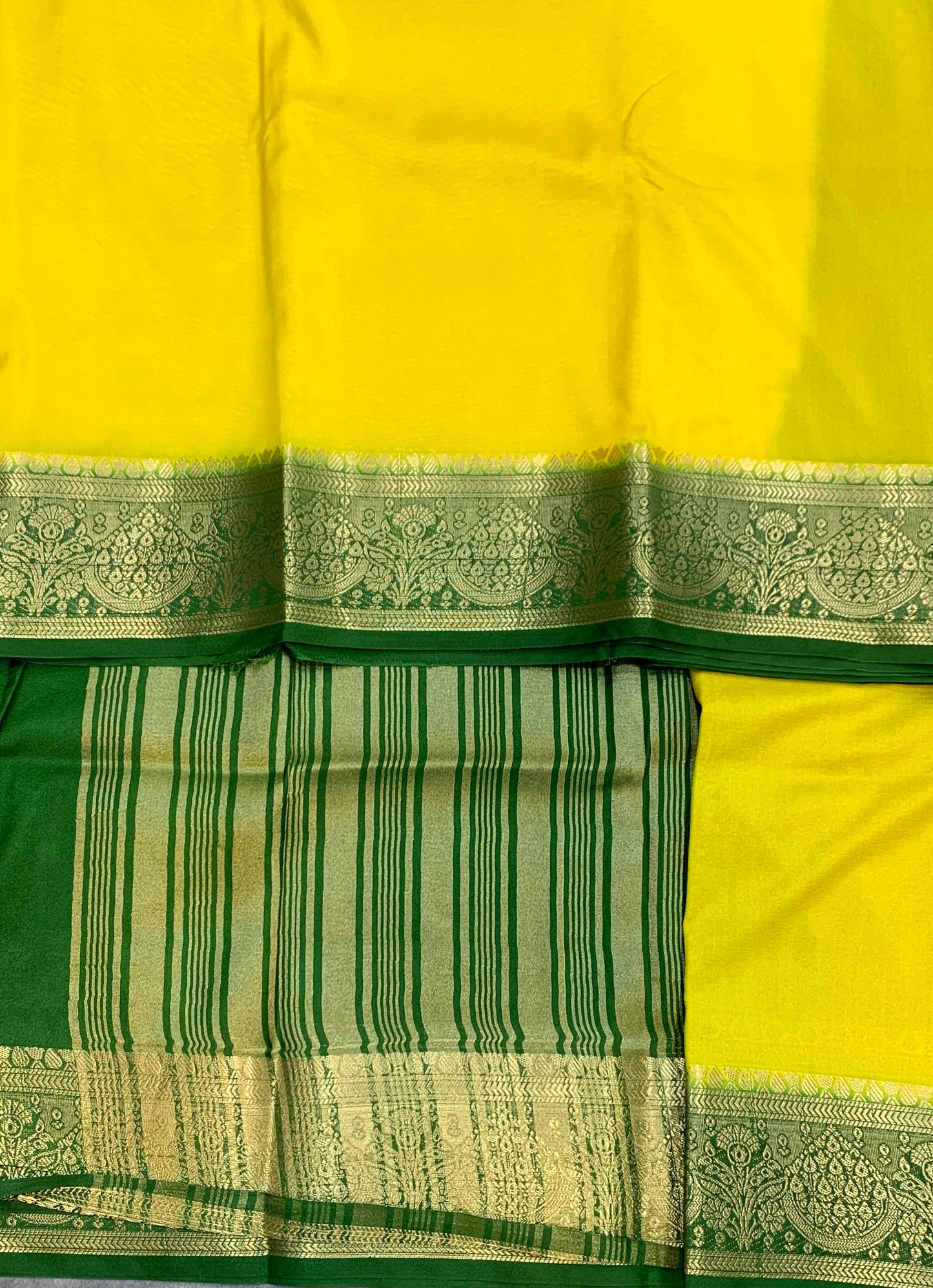 Crepe Saree Lemon Yellow Colour with Green Border