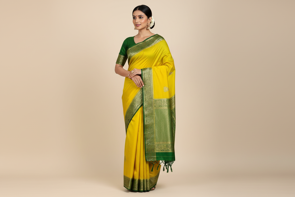 Crepe Saree Lemon Yellow Colour with Green Border