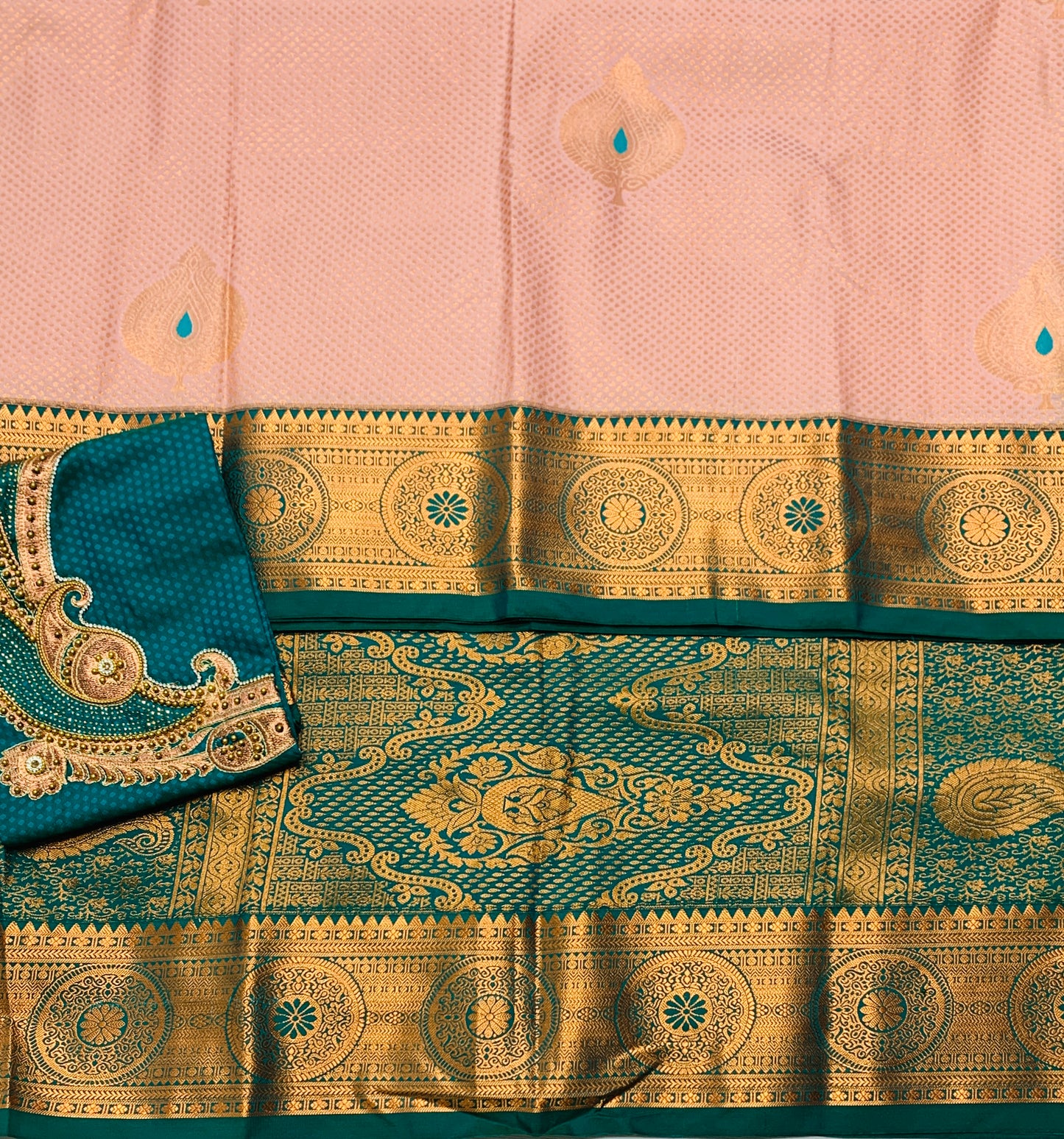 Bridal Vegan Silk Saree Sandal Colour with Sapphire Border with Unstitched blouse in Aari work