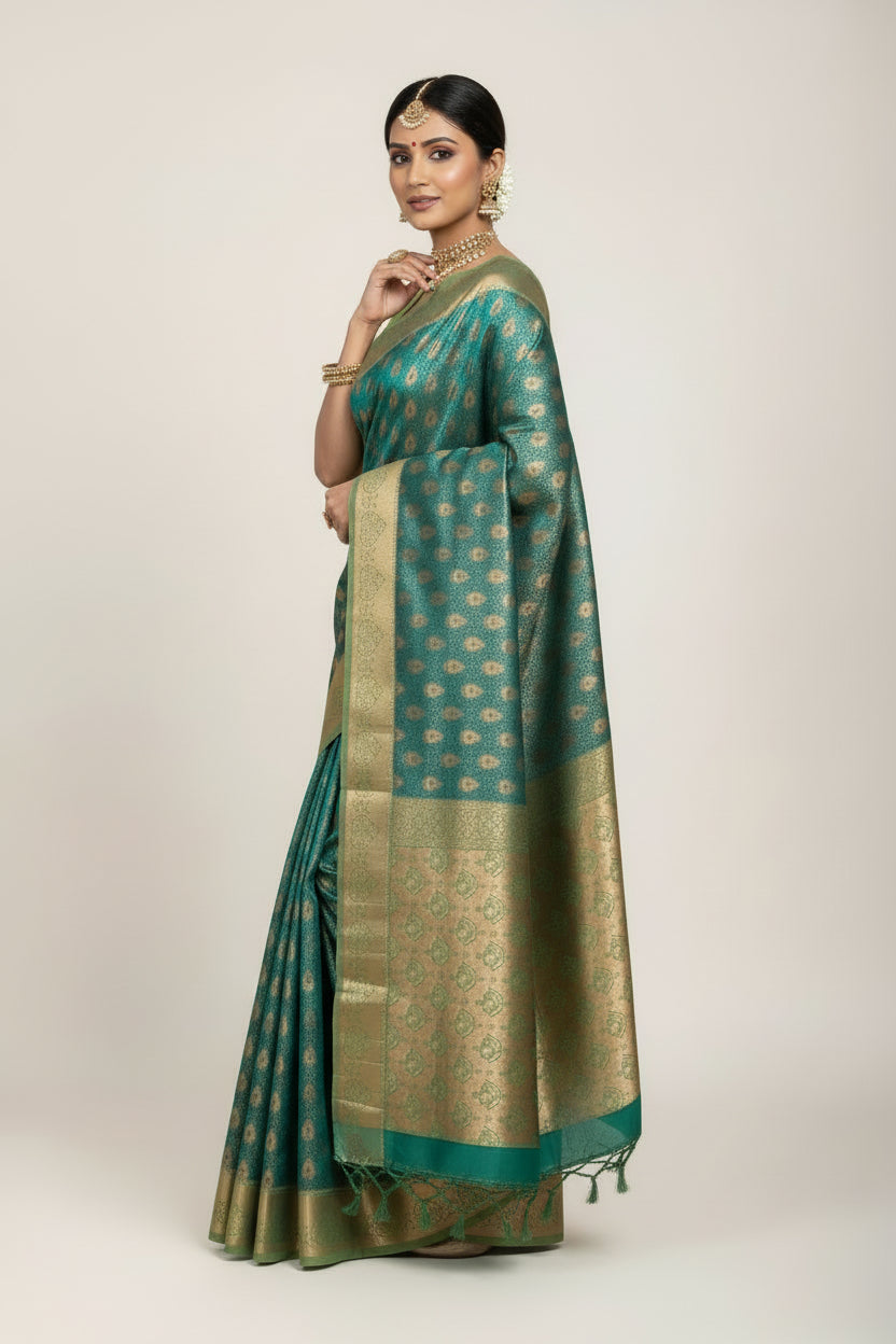 Vegan Silk Saree Light Green Colour with Copper Border