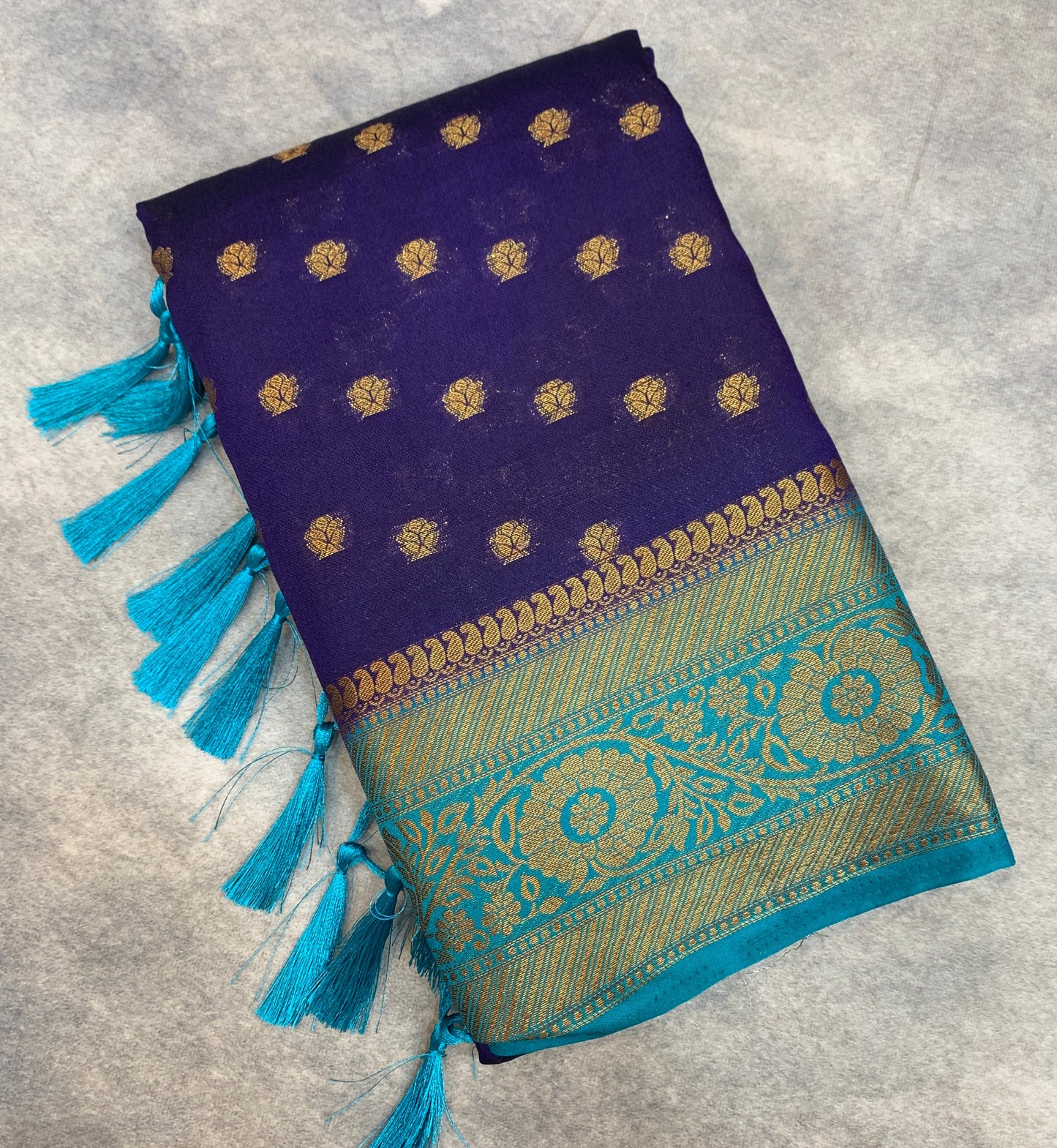 Crepe Saree Navy Blue Colour with Sky Blue Border