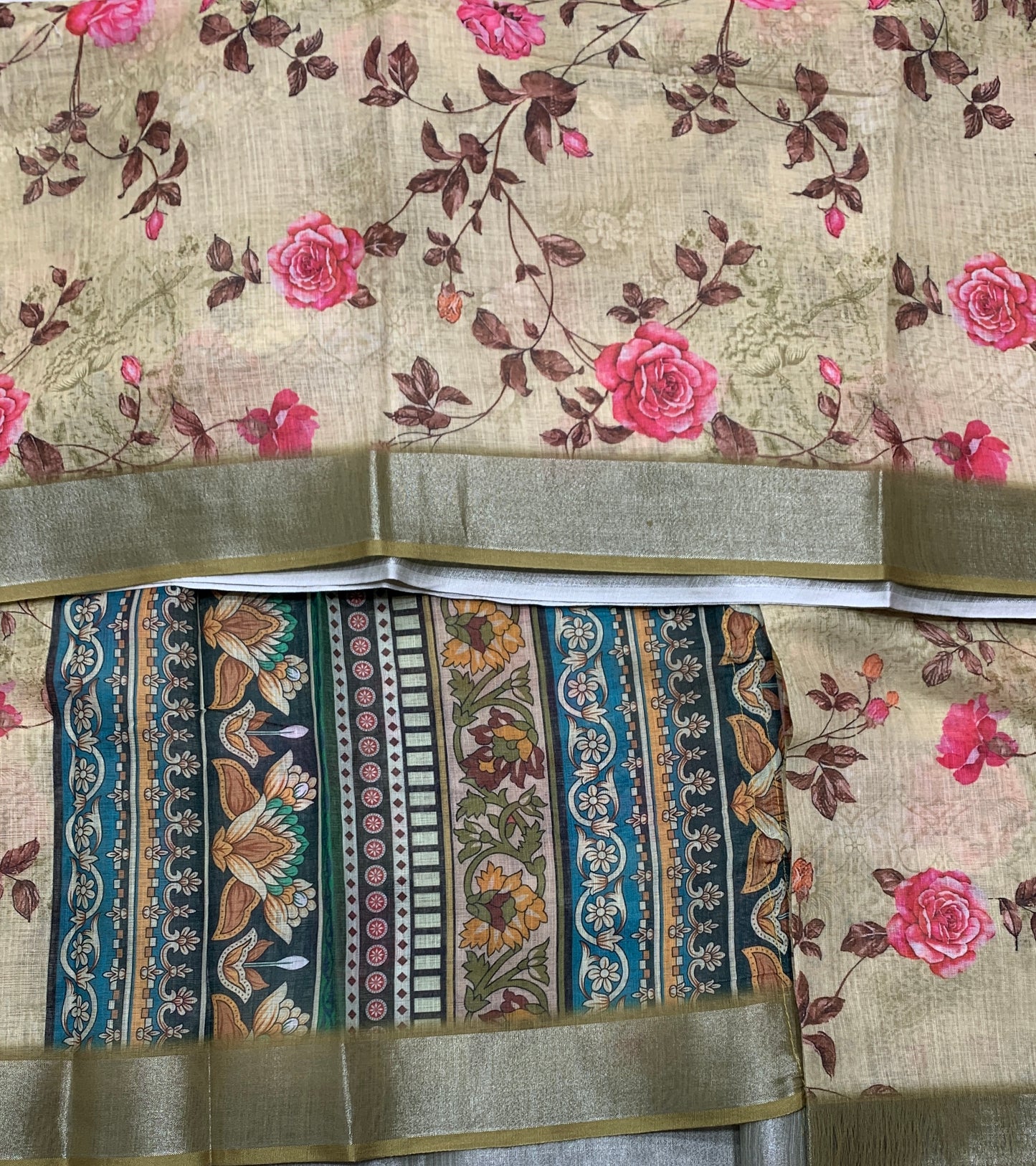 Jute Cotton Saree Light Olive Green Shade with Thread Border
