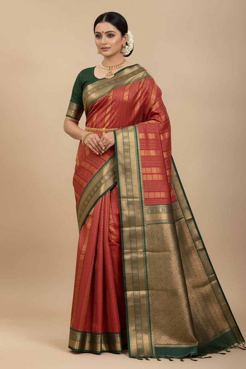 Vegan Silk Saree Orange- Red Colour Saree with Green Colour Contrast Border