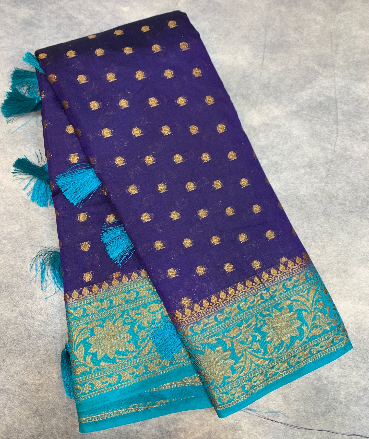 Crepe Saree Navy Blue Colour with Sky Blue Border