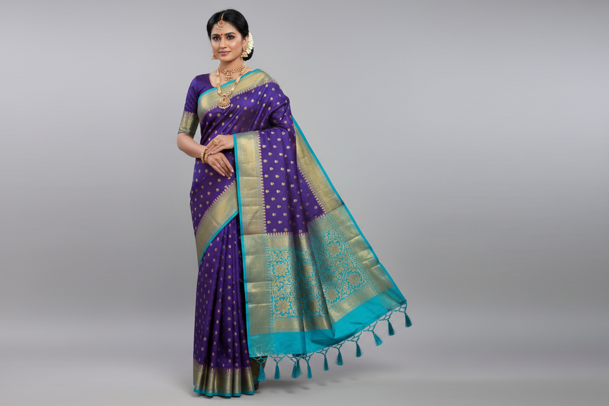 Crepe Saree Navy Blue Colour with Sky Blue Border