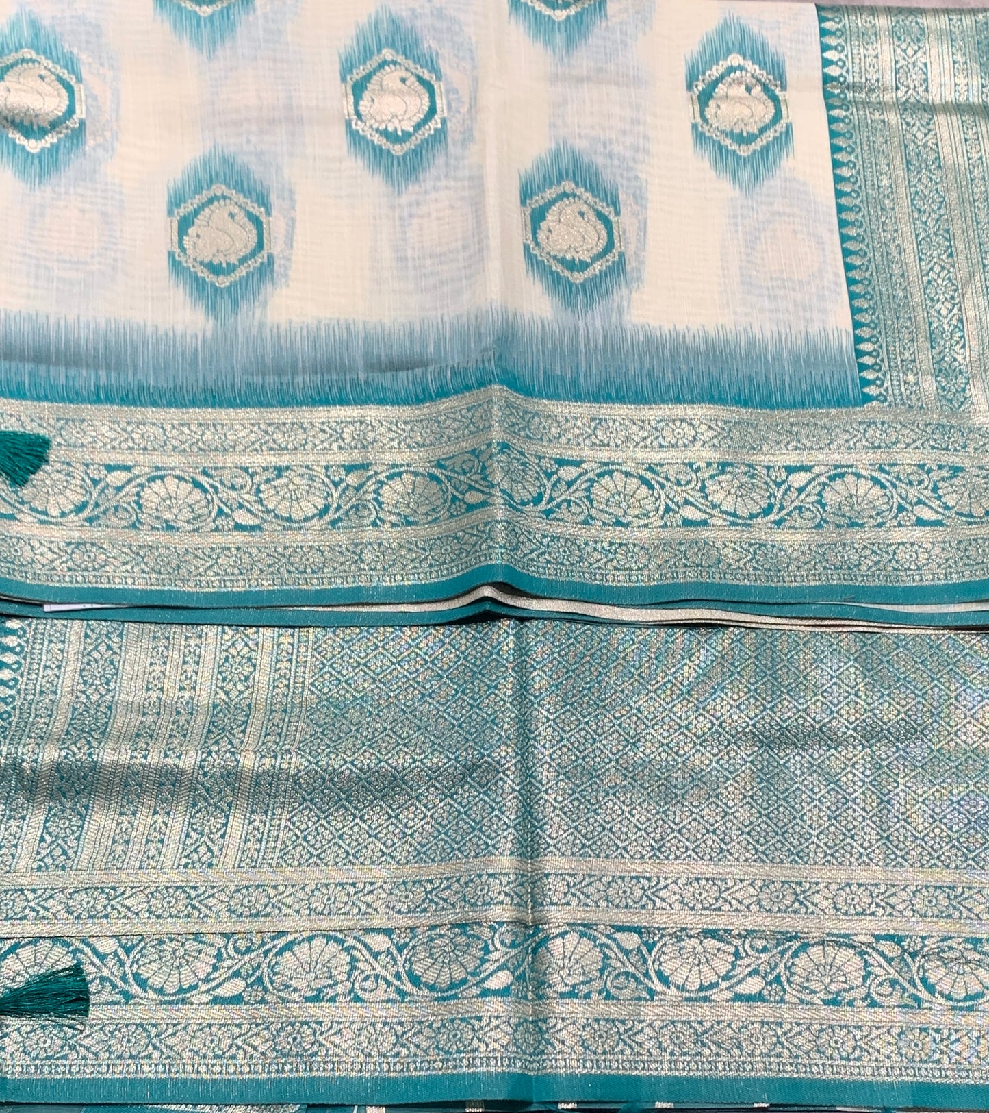 Banaras Katan Saree Off White Colour with Rama Green Katan Work Border