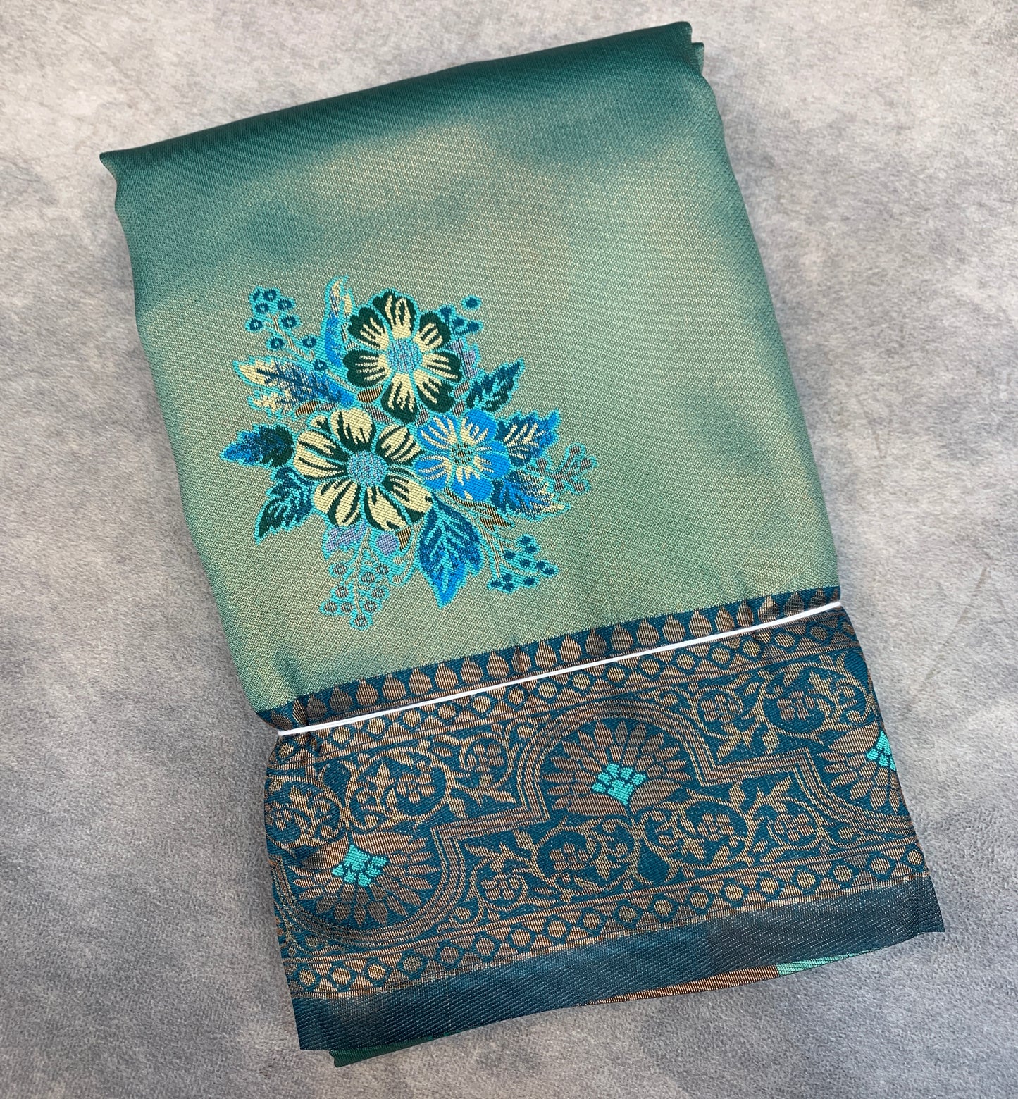 Fancy Tissue Saree Peacock Green Colour with Peacock Blue Border