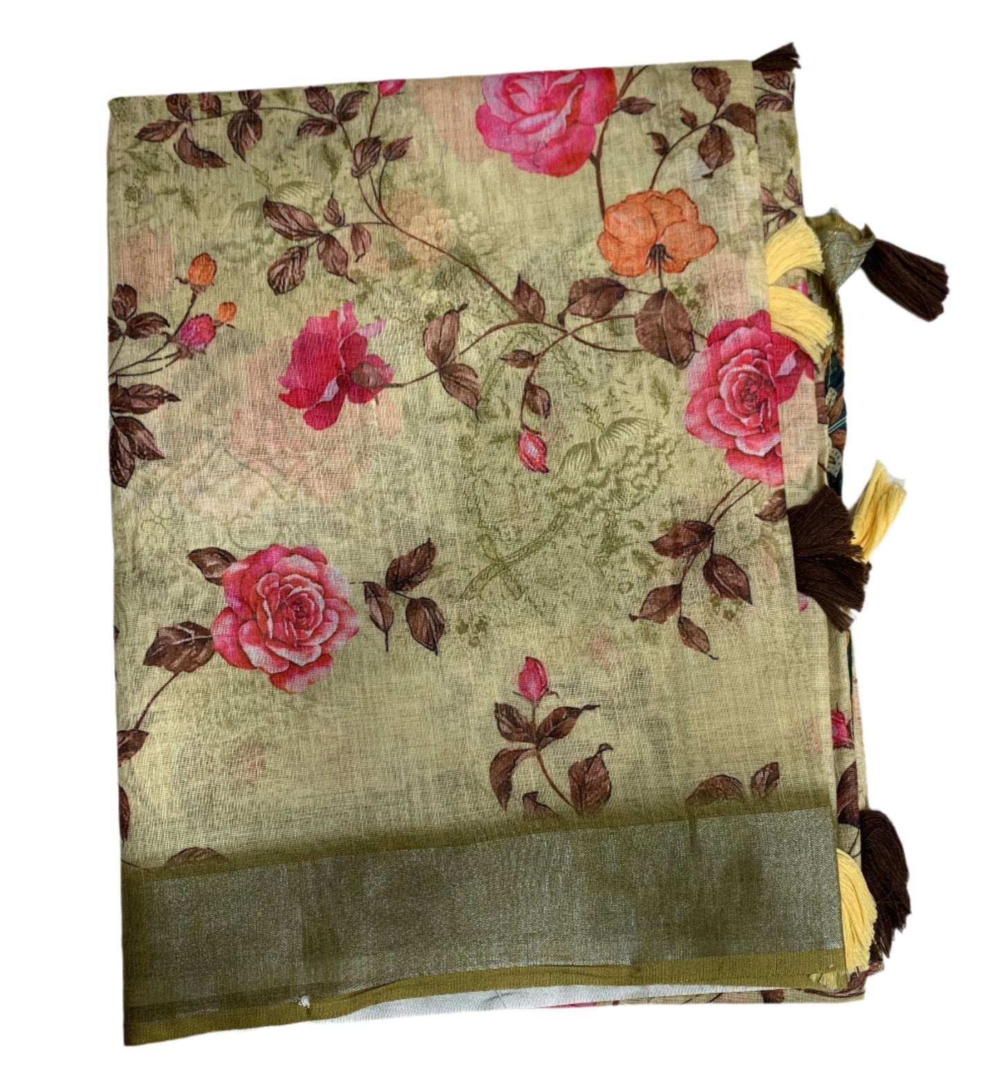 Jute Cotton Saree Light Olive Green Shade with Thread Border