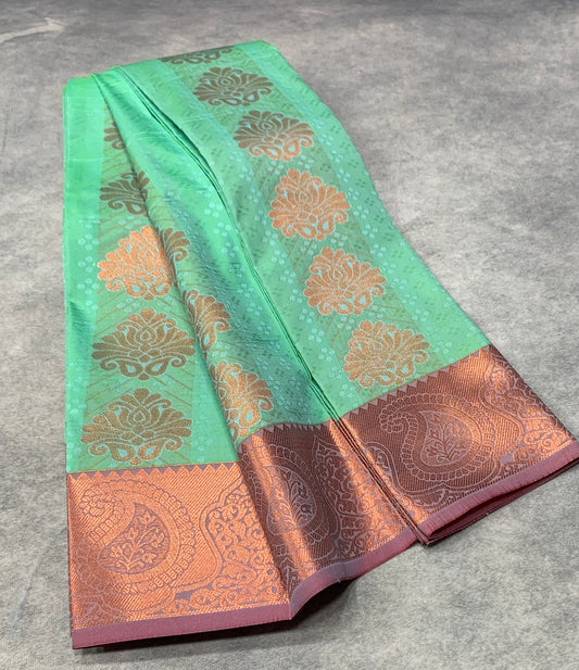 Vegan Silk Saree Sapphire Colour with Onion Pink and Copper Floral Border