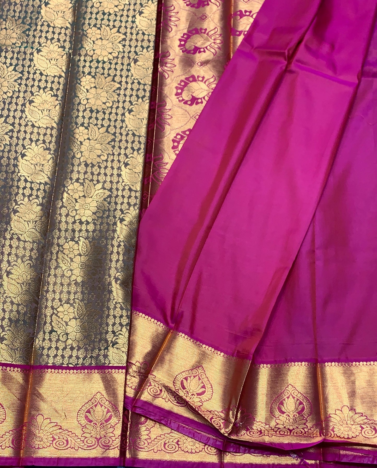 Vegan Silk Saree Olive Green Colour with Pink and Copper Border