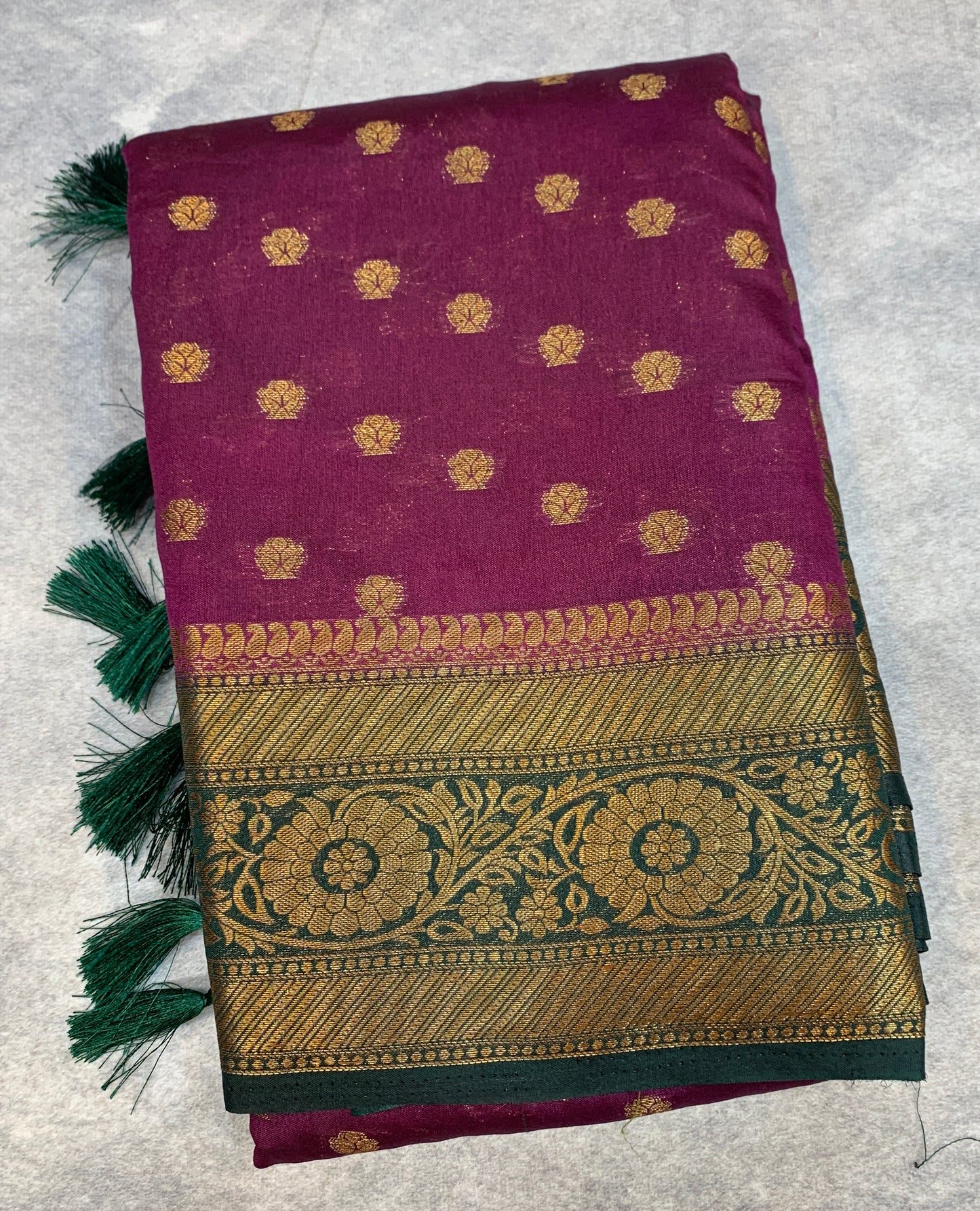 Crepe Saree Magenta Colour with Green Border