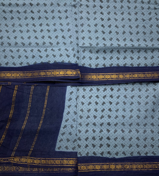 9 yards Cotton Saree Gray Colour with Navy Blue Border