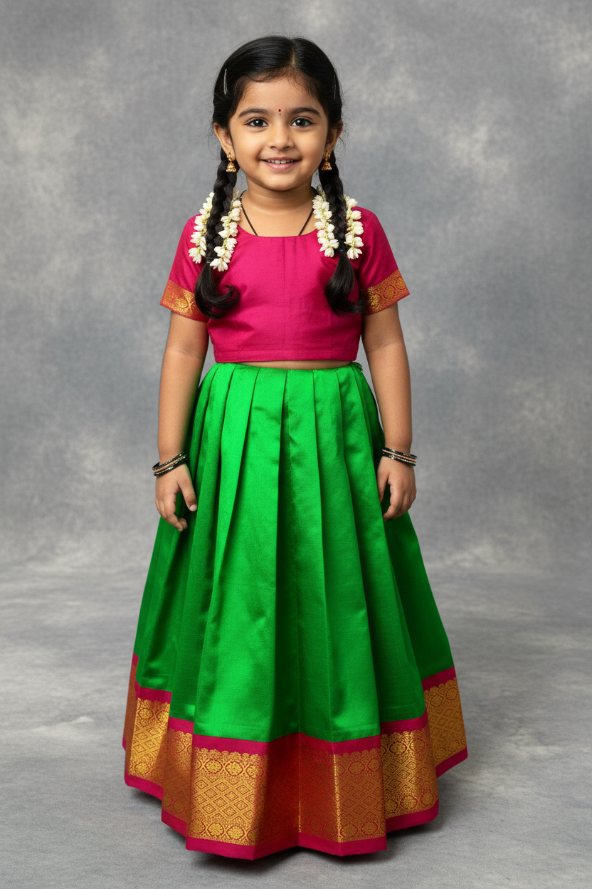 Light Green Shade Pure Kanchipuram Kids Pattu Pavadai with Contrast Border for Newborn to 2 Years