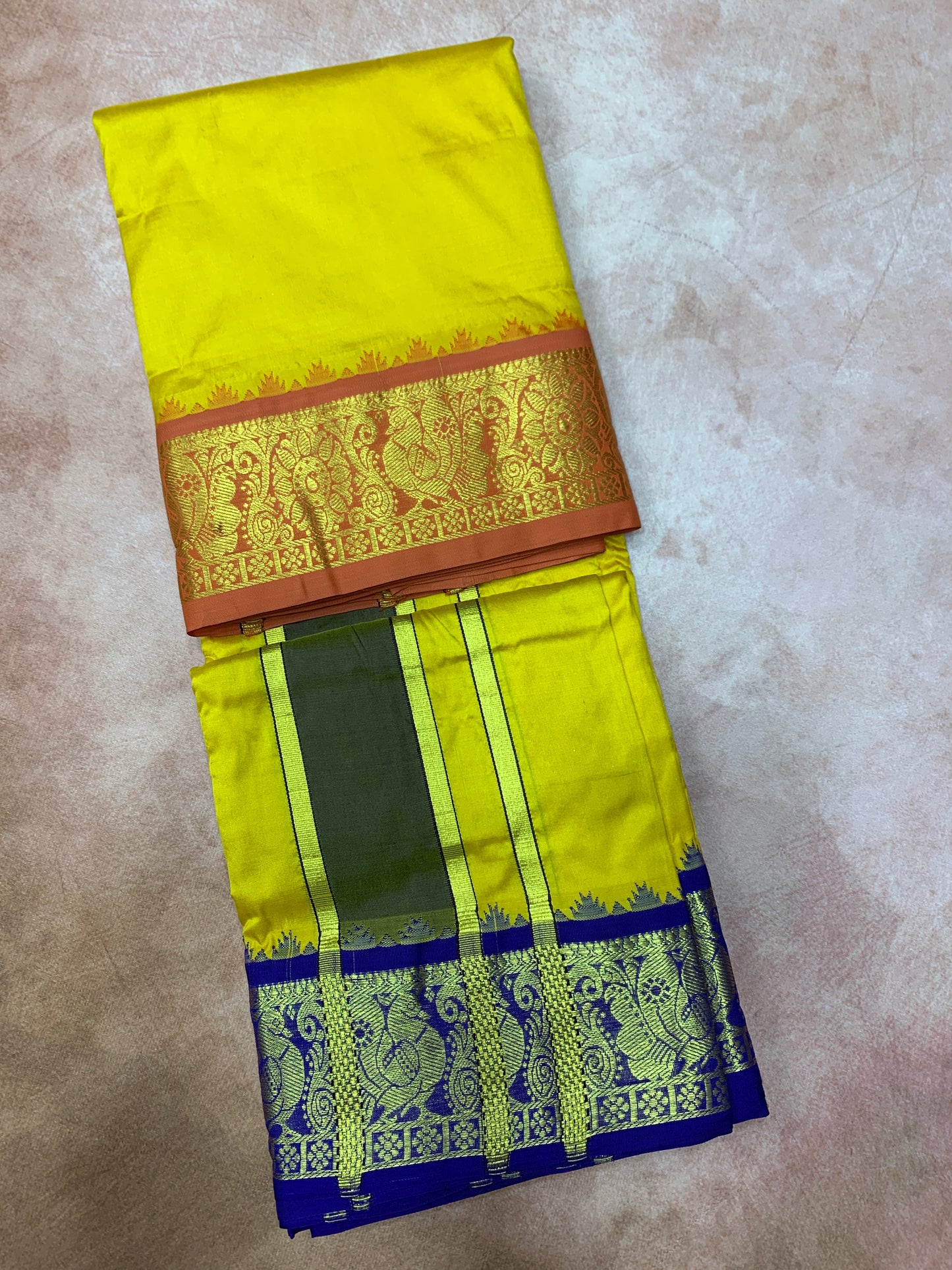 9X5 Pure Silk Dhoti Mustard Colour with Orange and Blue Ganga Jamuna Border