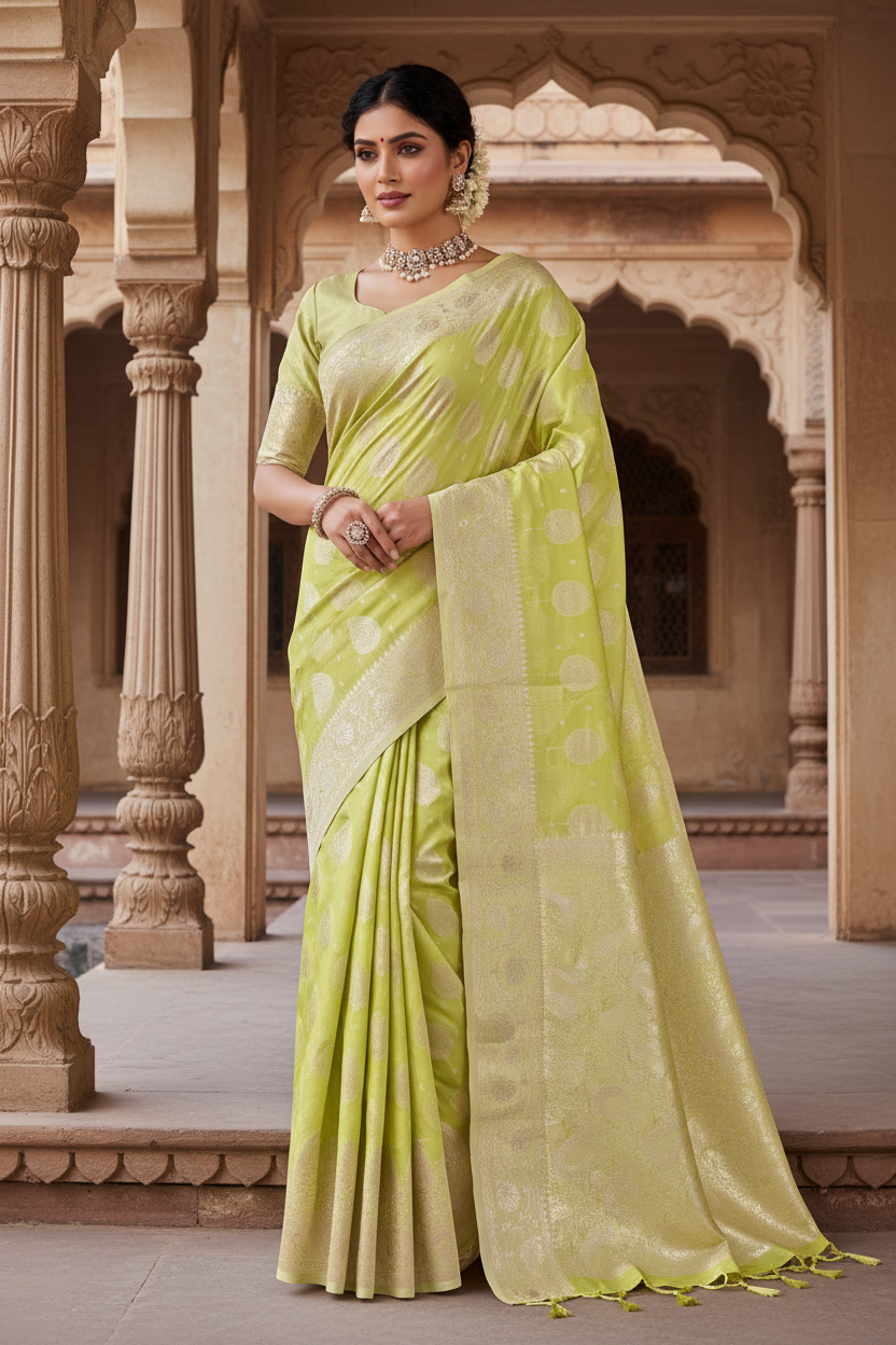 Banaras Katan Saree Yellow Colour with Katan Work Border