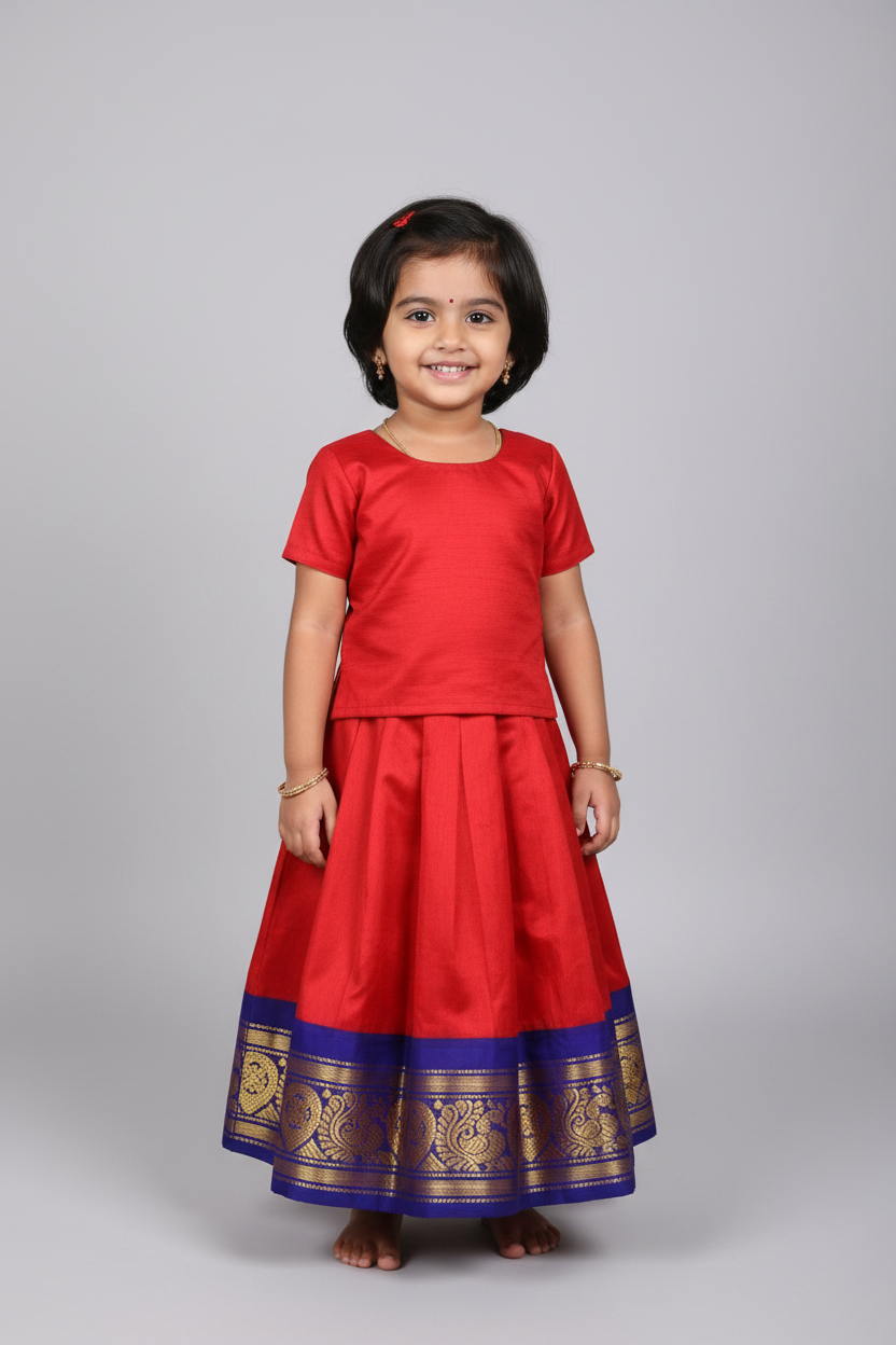 Red Shade Pure Kanchipuram Kids Pattu Pavadai with Contrast Border for age 2 to 5