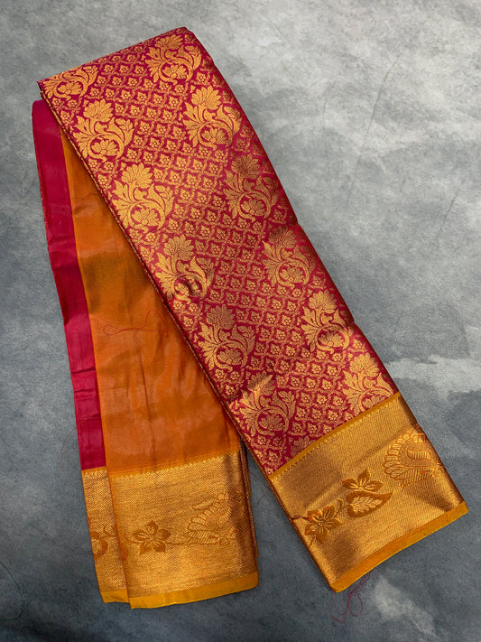 Vegan Silk Saree Pink Colour with Copper and Golden Yellow Border