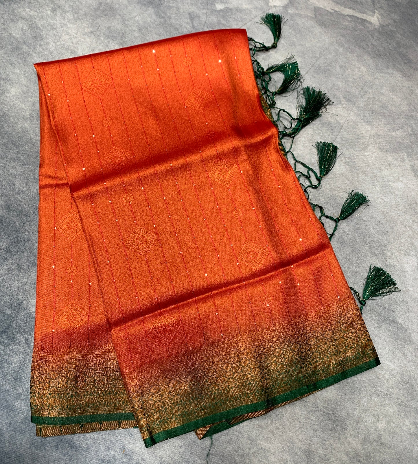 Soft Silk Saree Red Colour and Stone Work with Green Colour Pallu