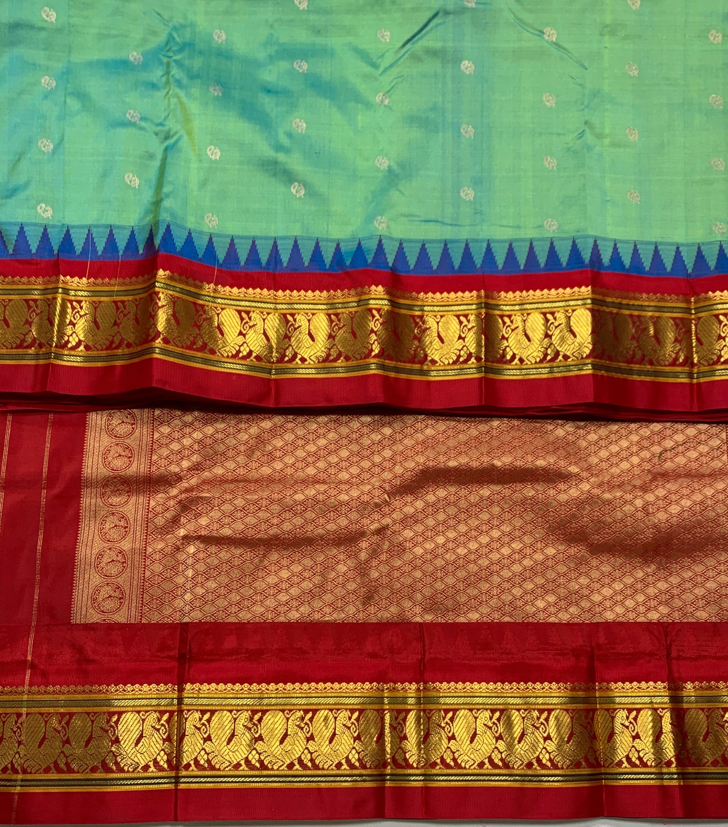 Pure Kanchipuram Silk Saree Dual Shade with Contrast Red Annam Border
