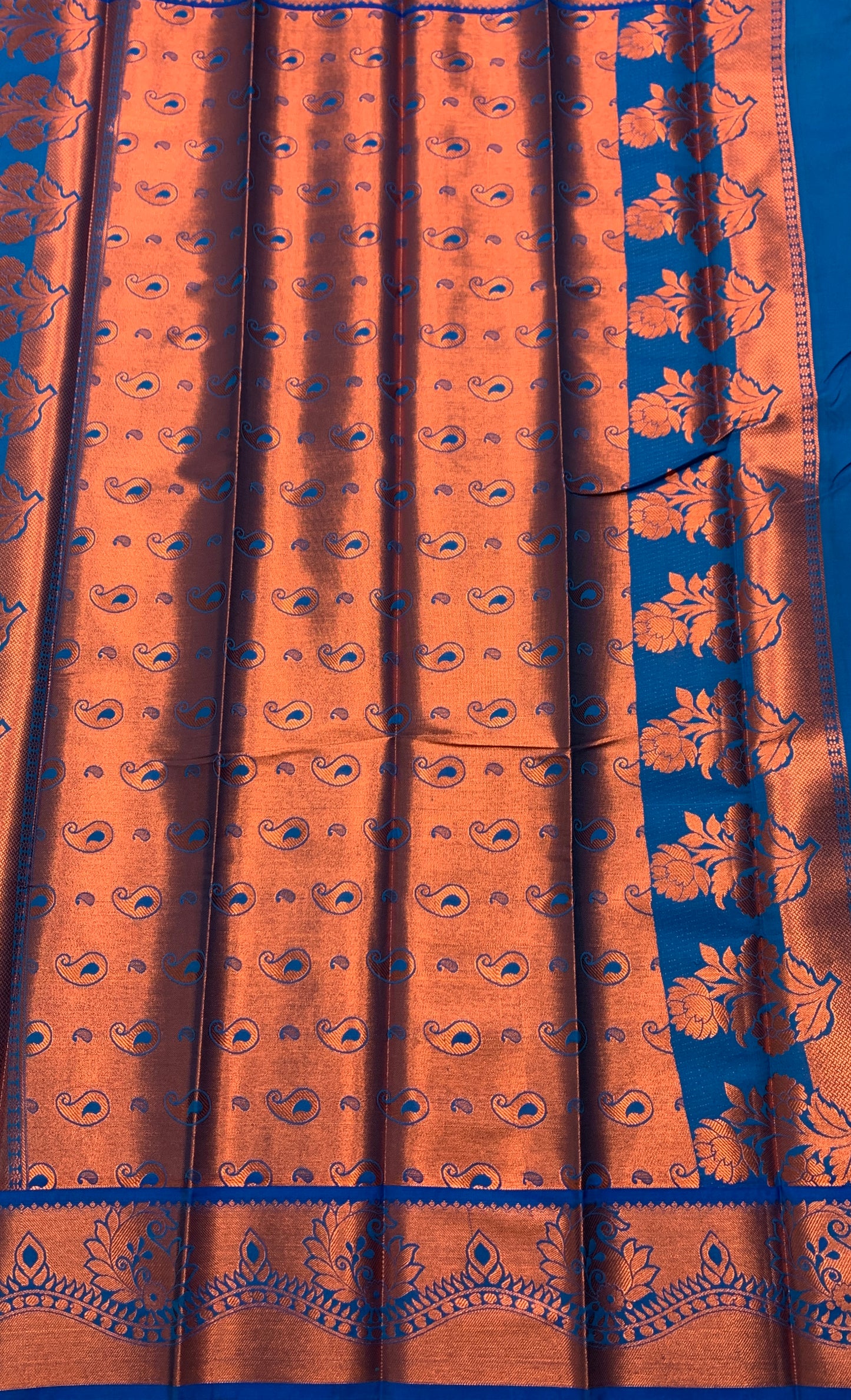 Vegan Silk Saree Maroon Colour with Copper and Blue Border